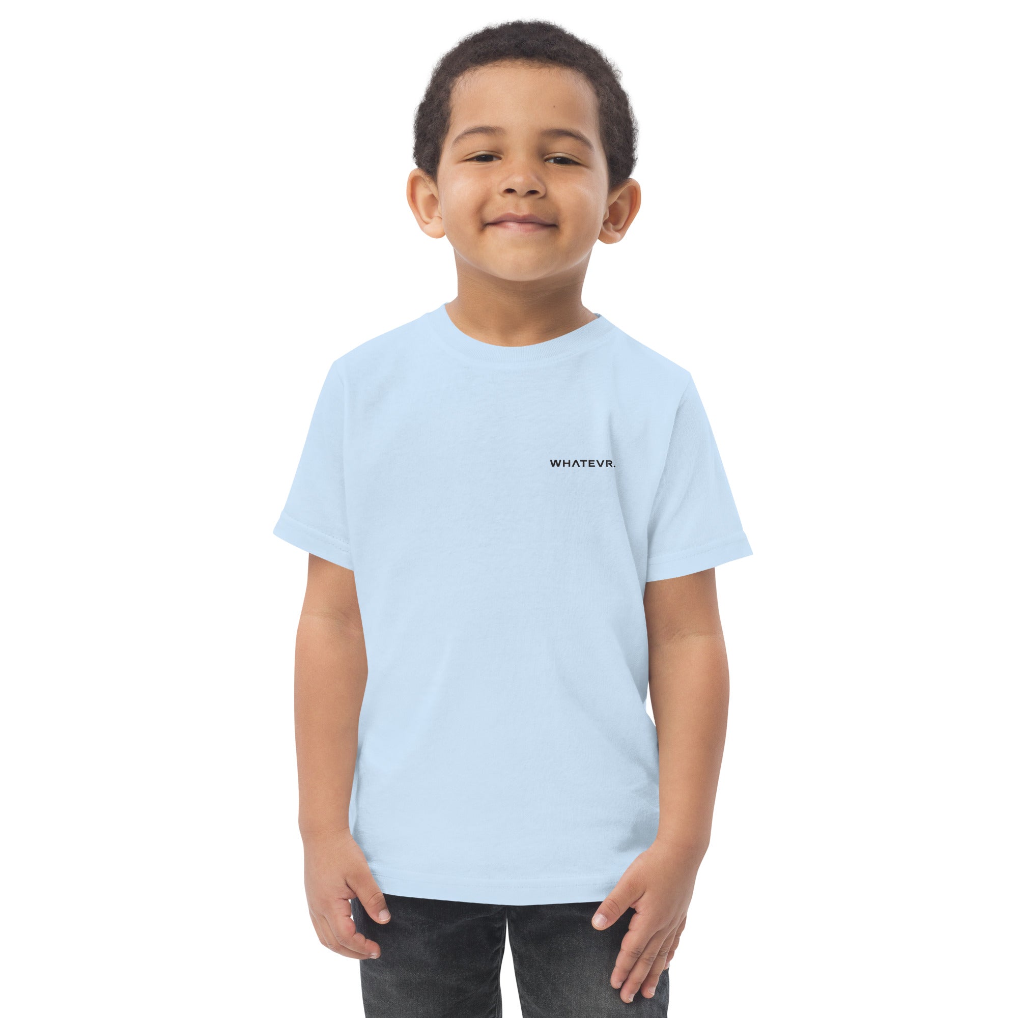 Toddler's essential t-shirt in icy blue, front view.
