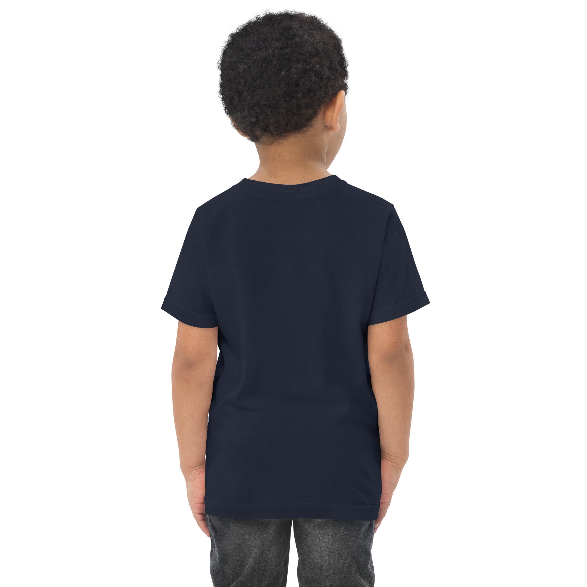 Toddler's essential t-shirt in midnight blue, back view.