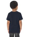 Toddler's essential t-shirt in midnight blue, back view.