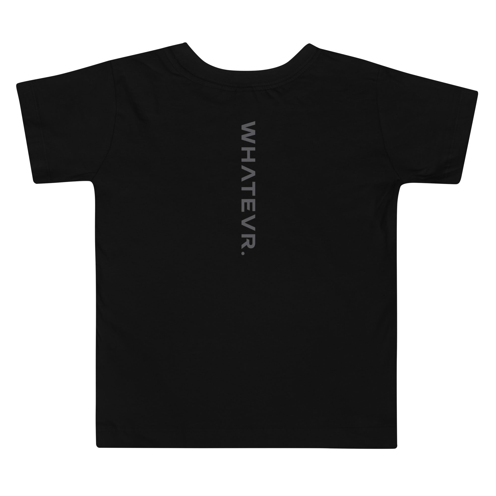 Toddler t-shirt in black with "WHATEVR" text, back view.