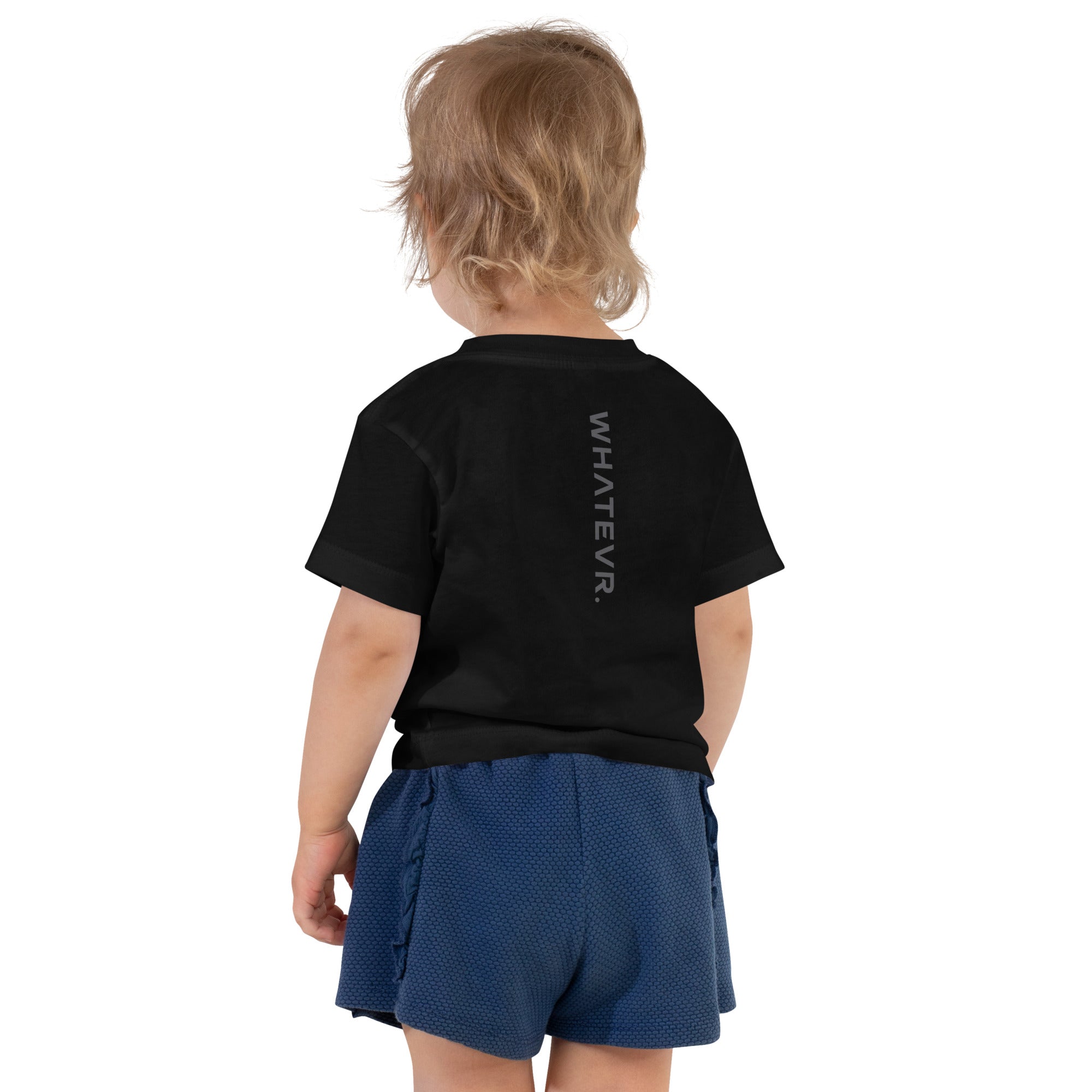 Toddler t-shirt in black with "WHATEVR" text, back view.