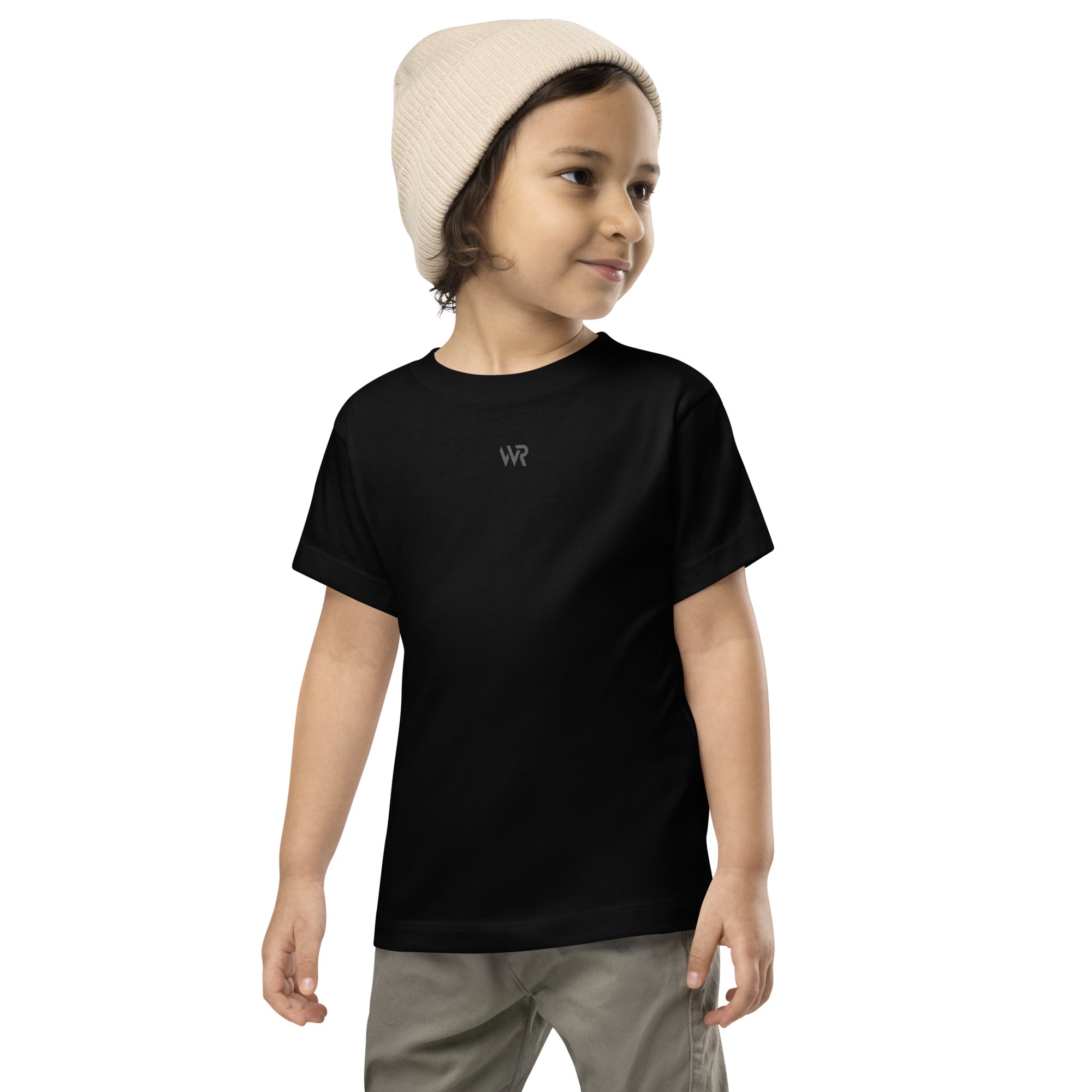 Toddler t-shirt in black with "WR" logo, front view.