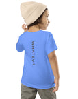 Toddler t-shirt in blue with "WHATEVR" text, back view.