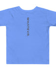 Toddler t-shirt in blue with "WHATEVR" text, back view.