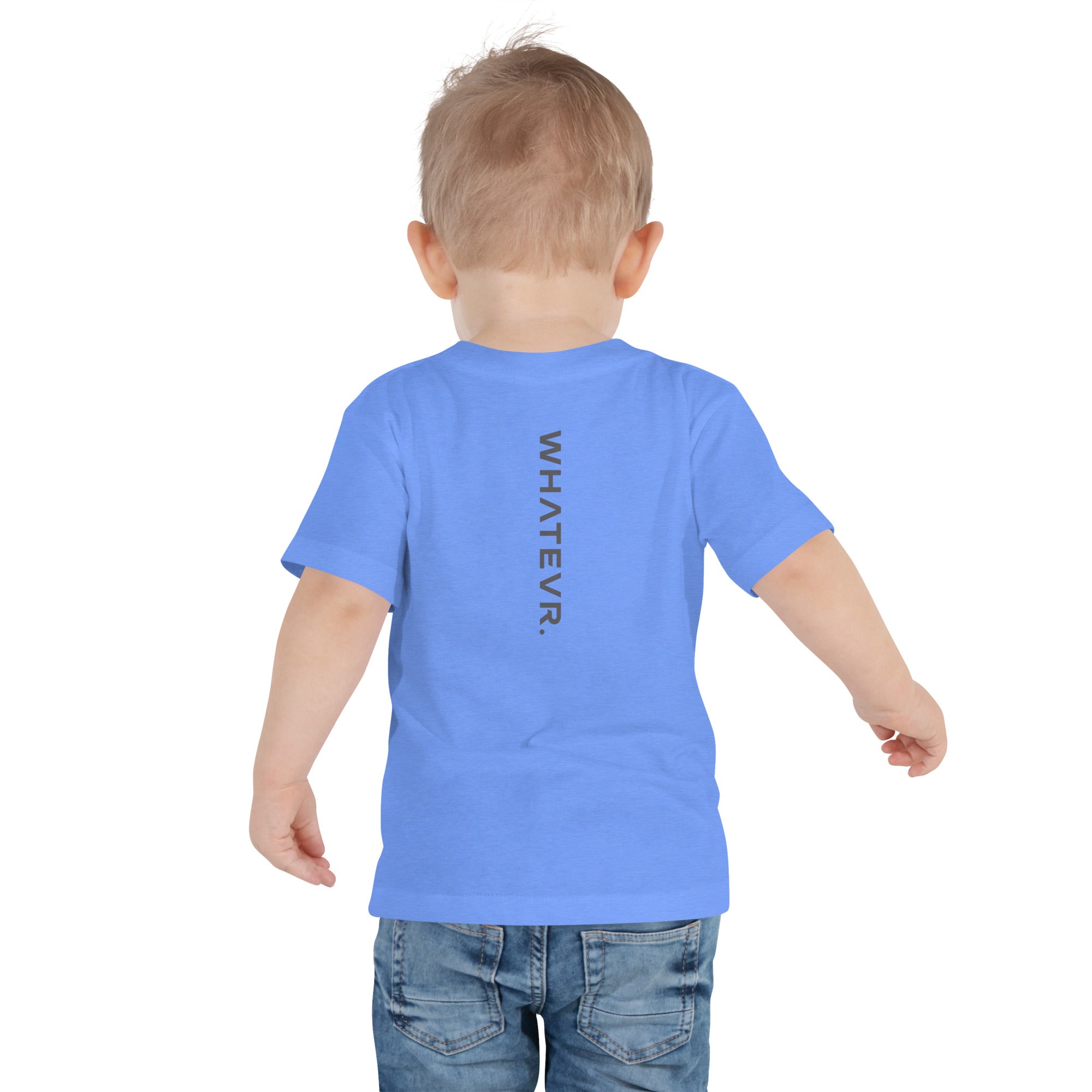 Toddler t-shirt in blue with "WHATEVR" text, back view.