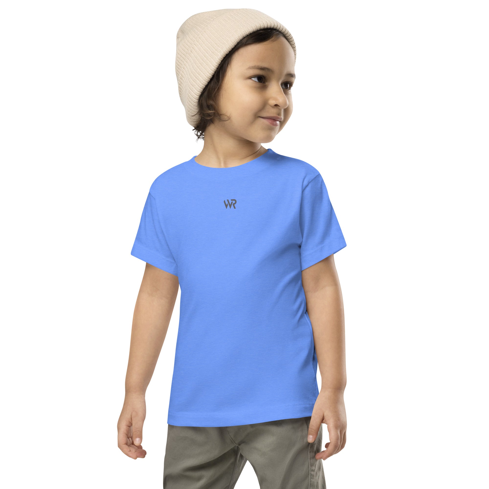 Toddler t-shirt in blue with "WR" logo, front view.