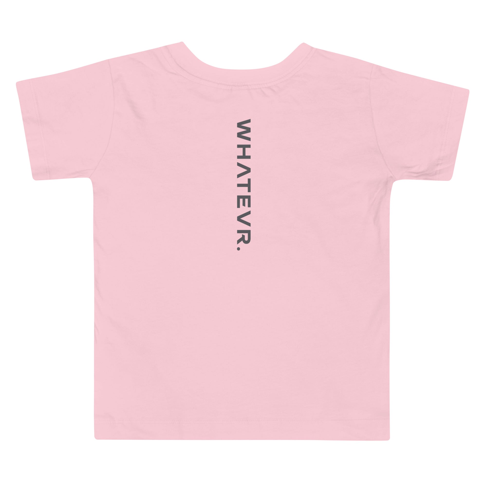 Toddler t-shirt in pink with "WHATEVR" text, back view.