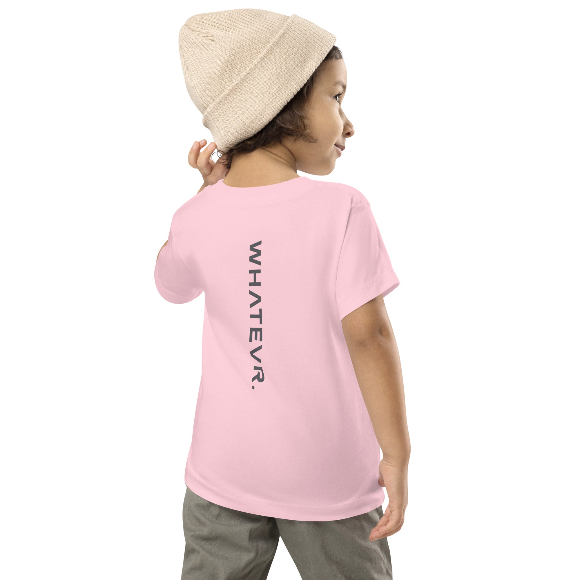 Toddler t-shirt in pink with "WHATEVR" text, back view.