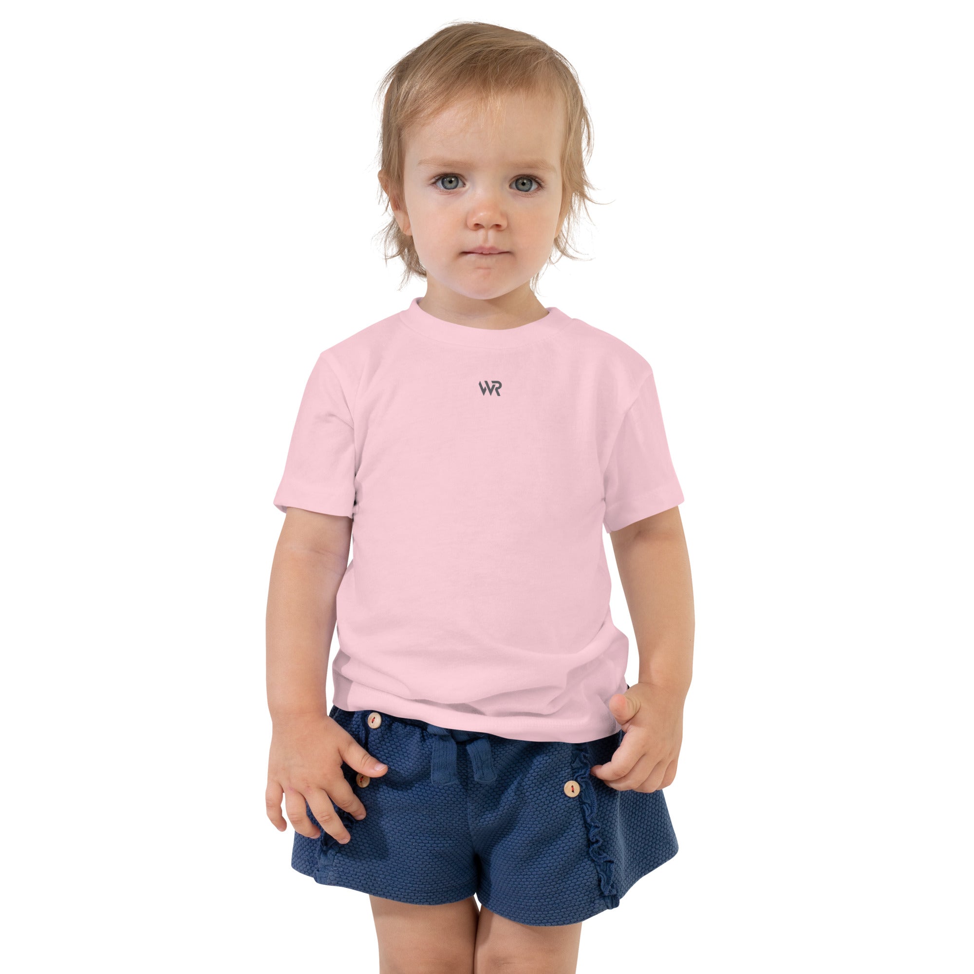 Toddler t-shirt in pink with "WR" logo, front view.