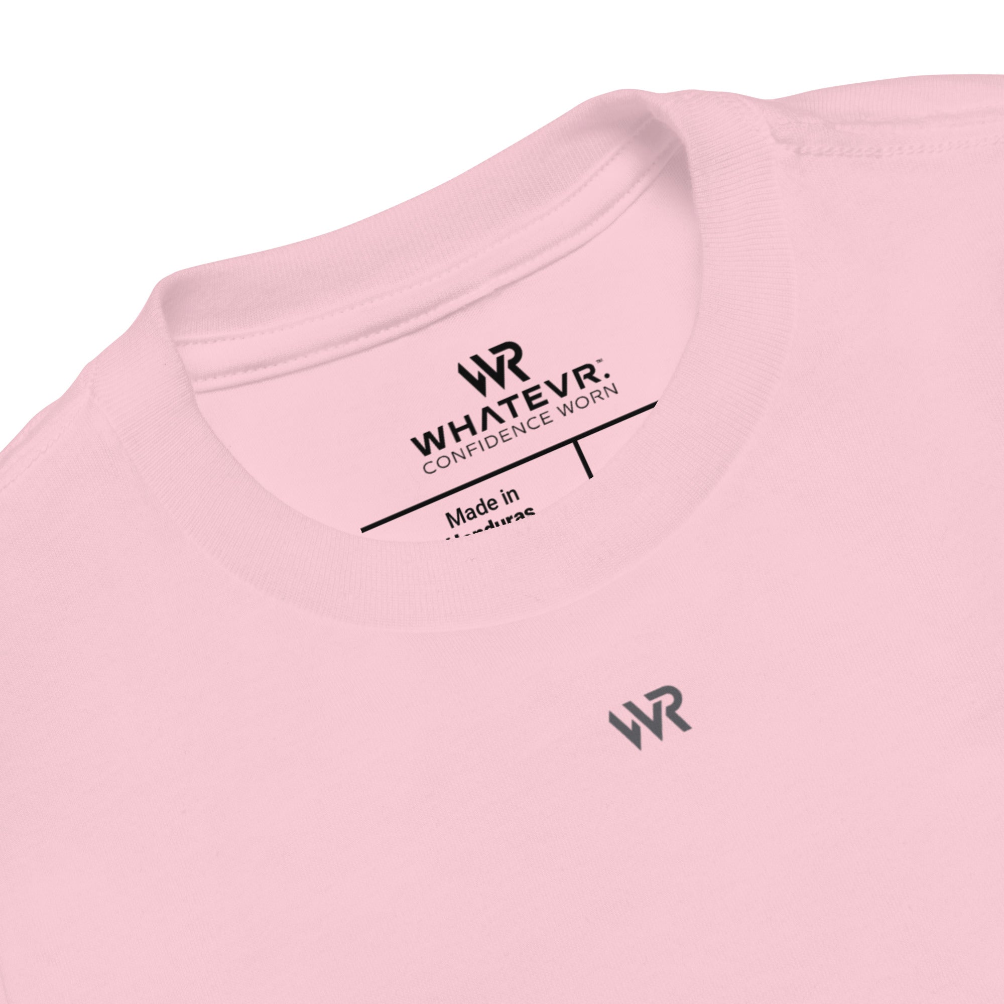 Toddler t-shirt in pink with "WR" logo, front view.