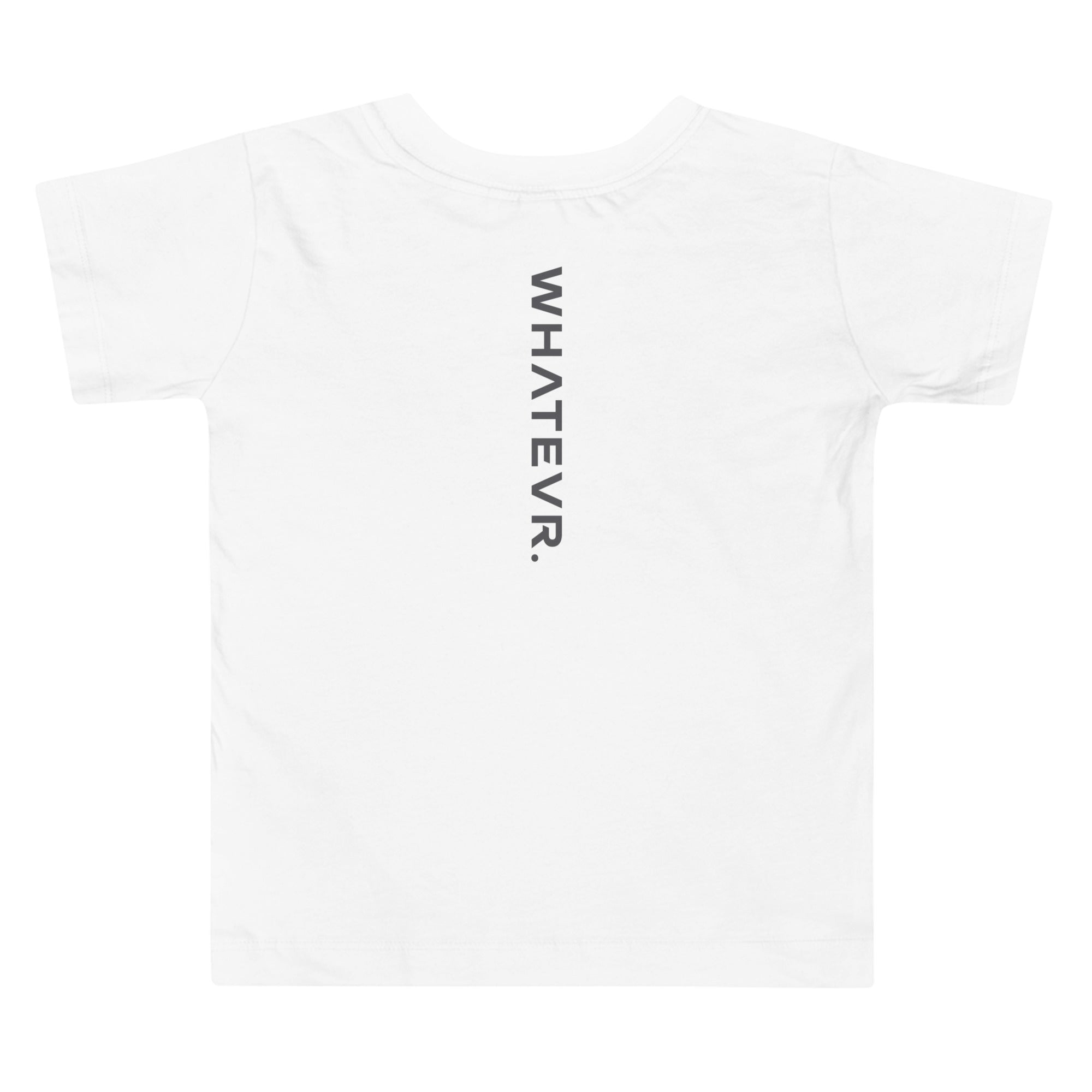 Toddler t-shirt in white with "WHATEVR" text, front view.