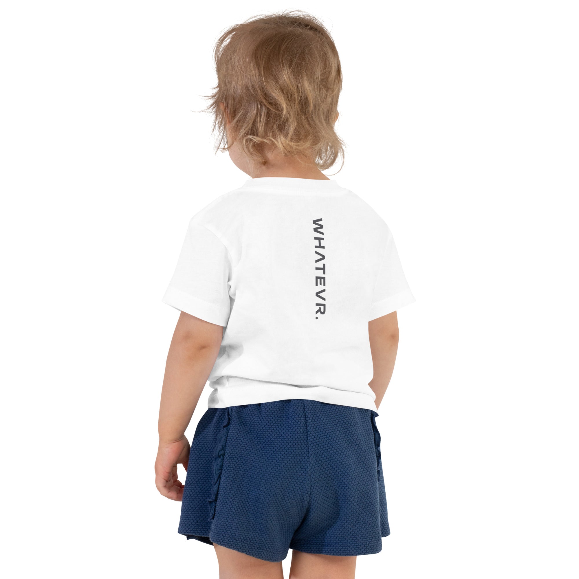 Toddler t-shirt in white with "WHATEVR" text, back view.