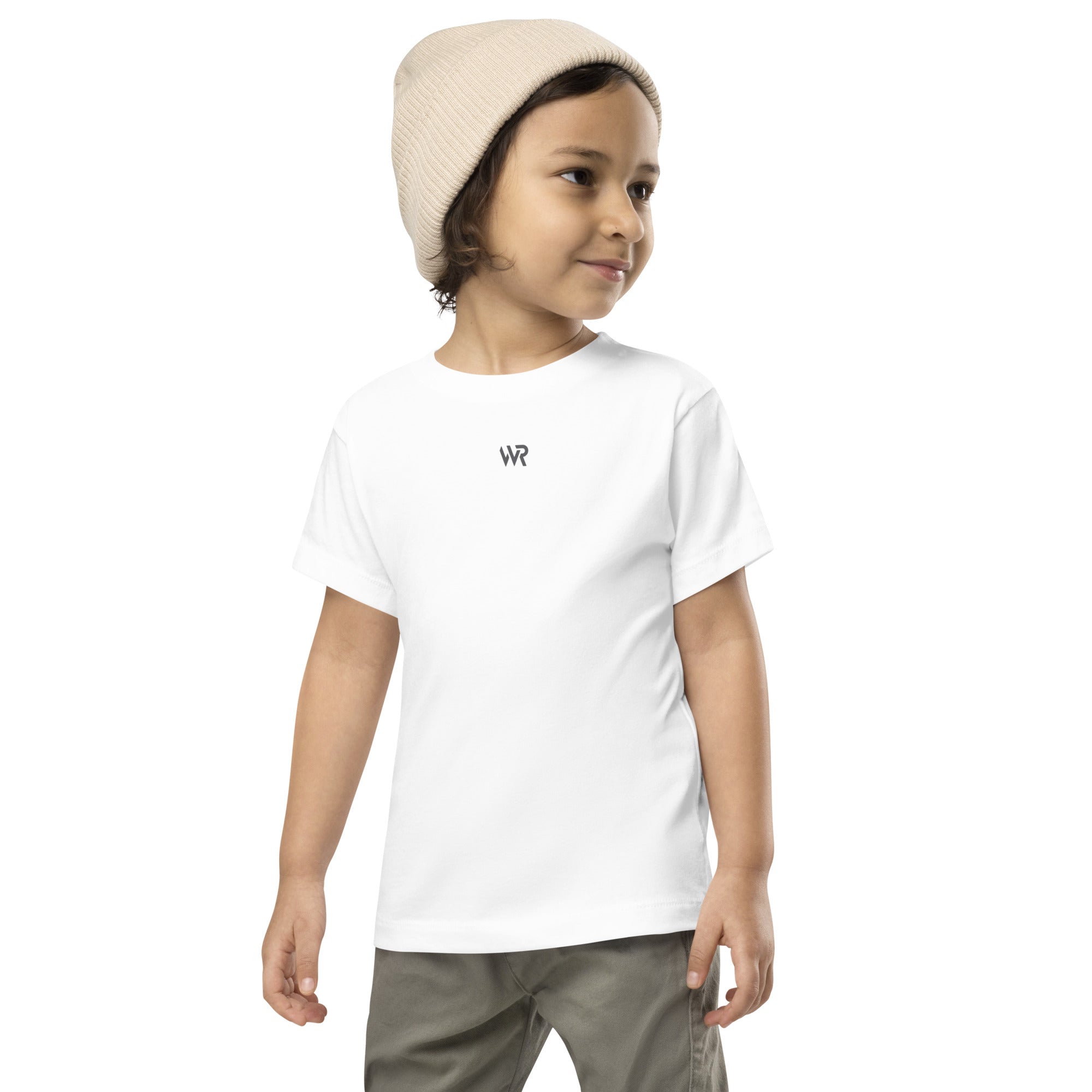 Toddler t-shirt in white with "WR" logo, front view.