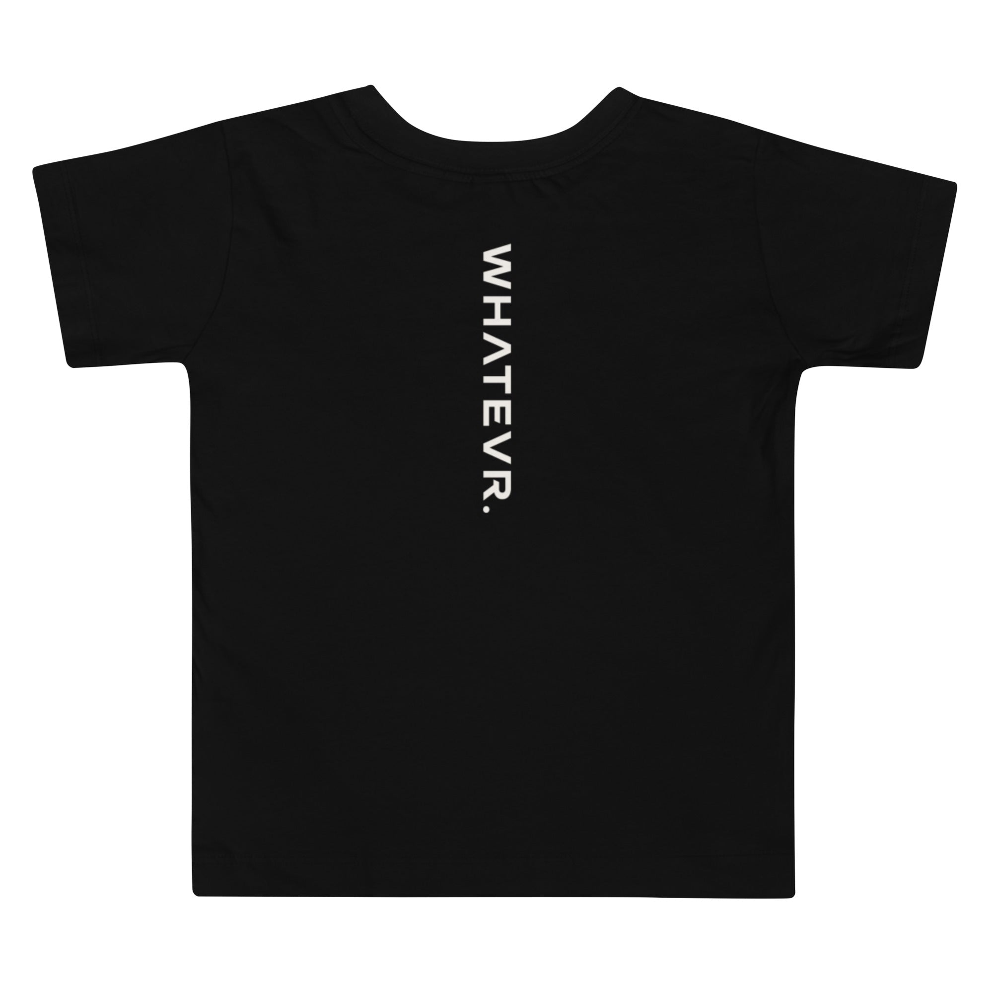Toddler t-shirt in black with "WHATEVR" text, back view.