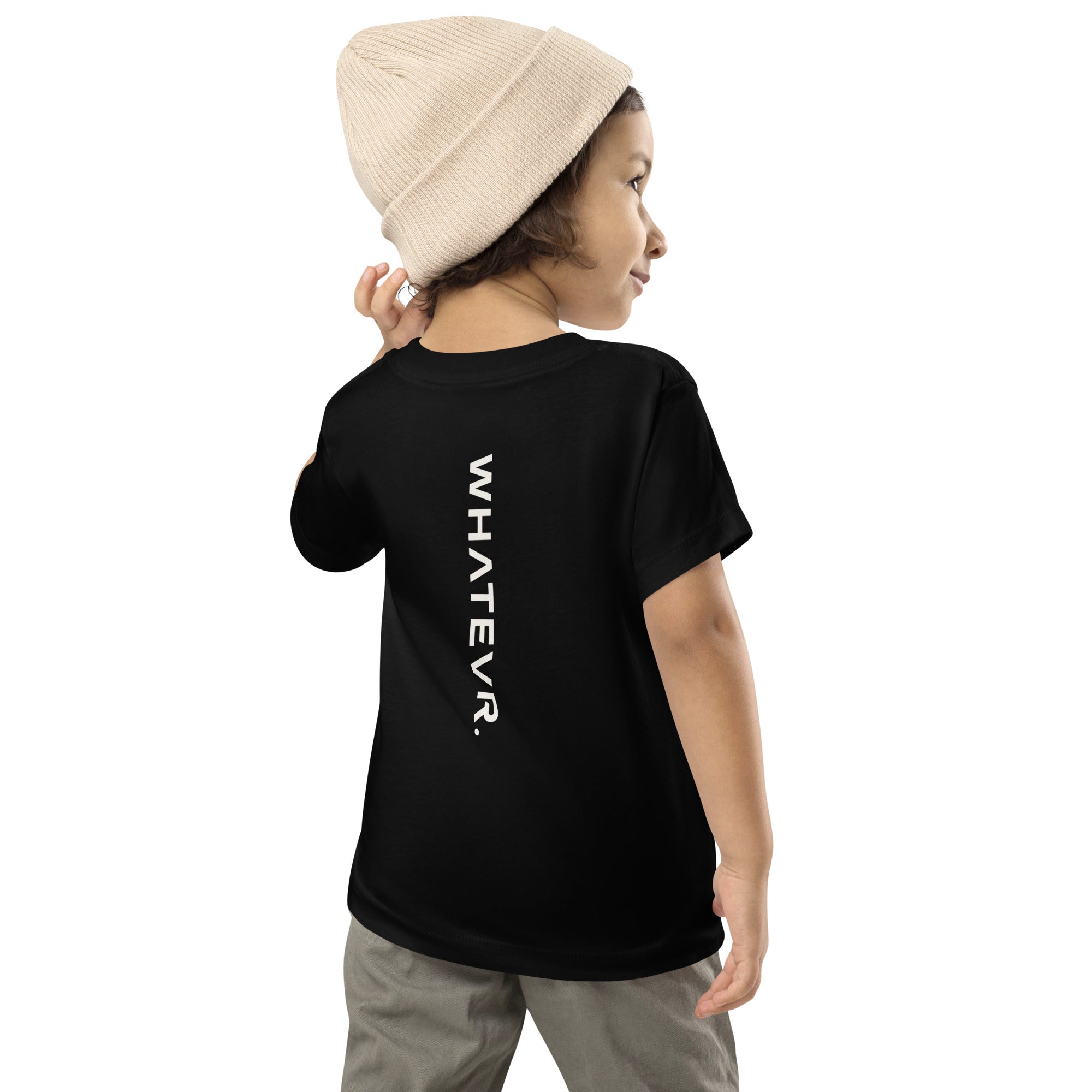 Toddler t-shirt in black with "WHATEVR" text, back view.