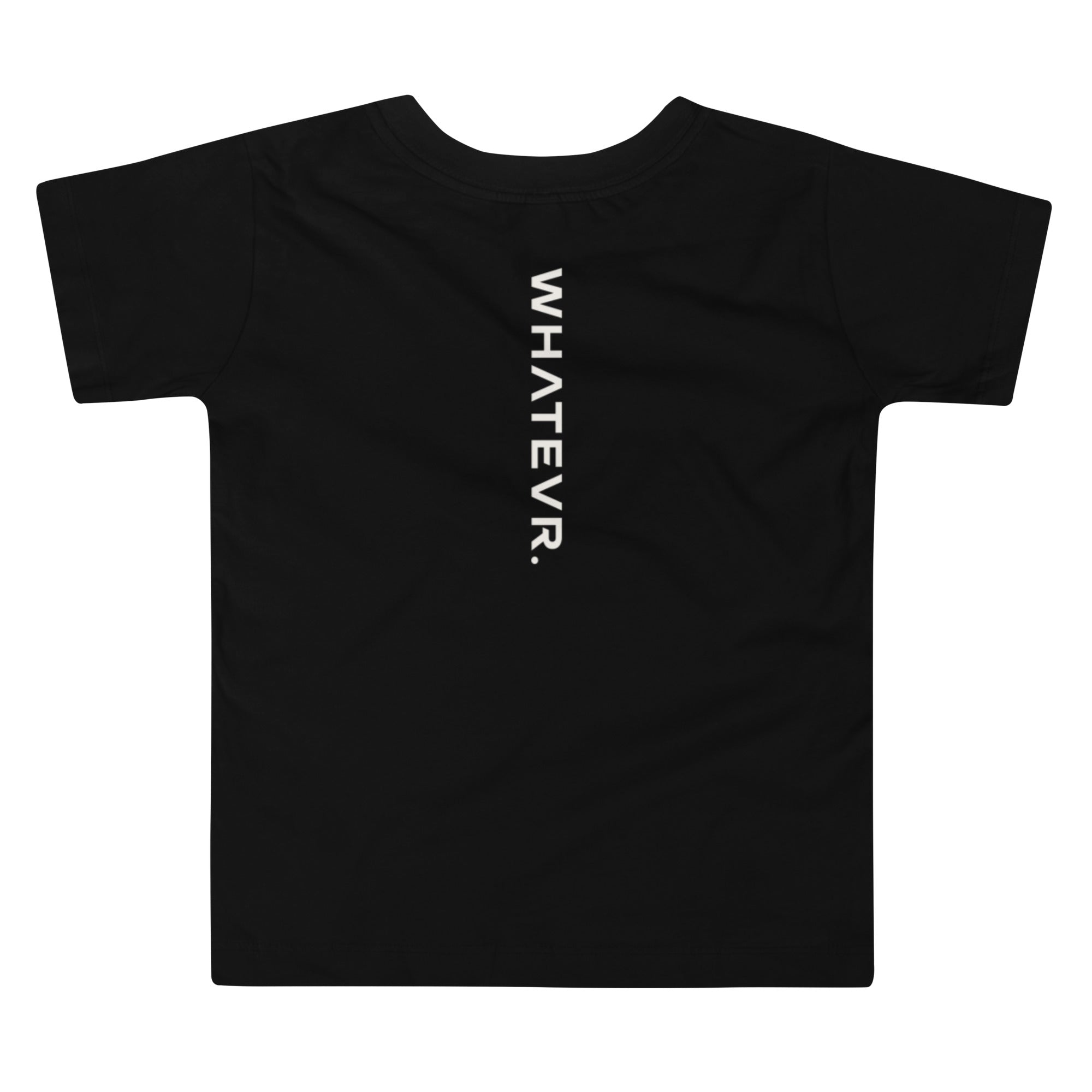 Toddler t-shirt in black with "WHATEVR" text, back view.