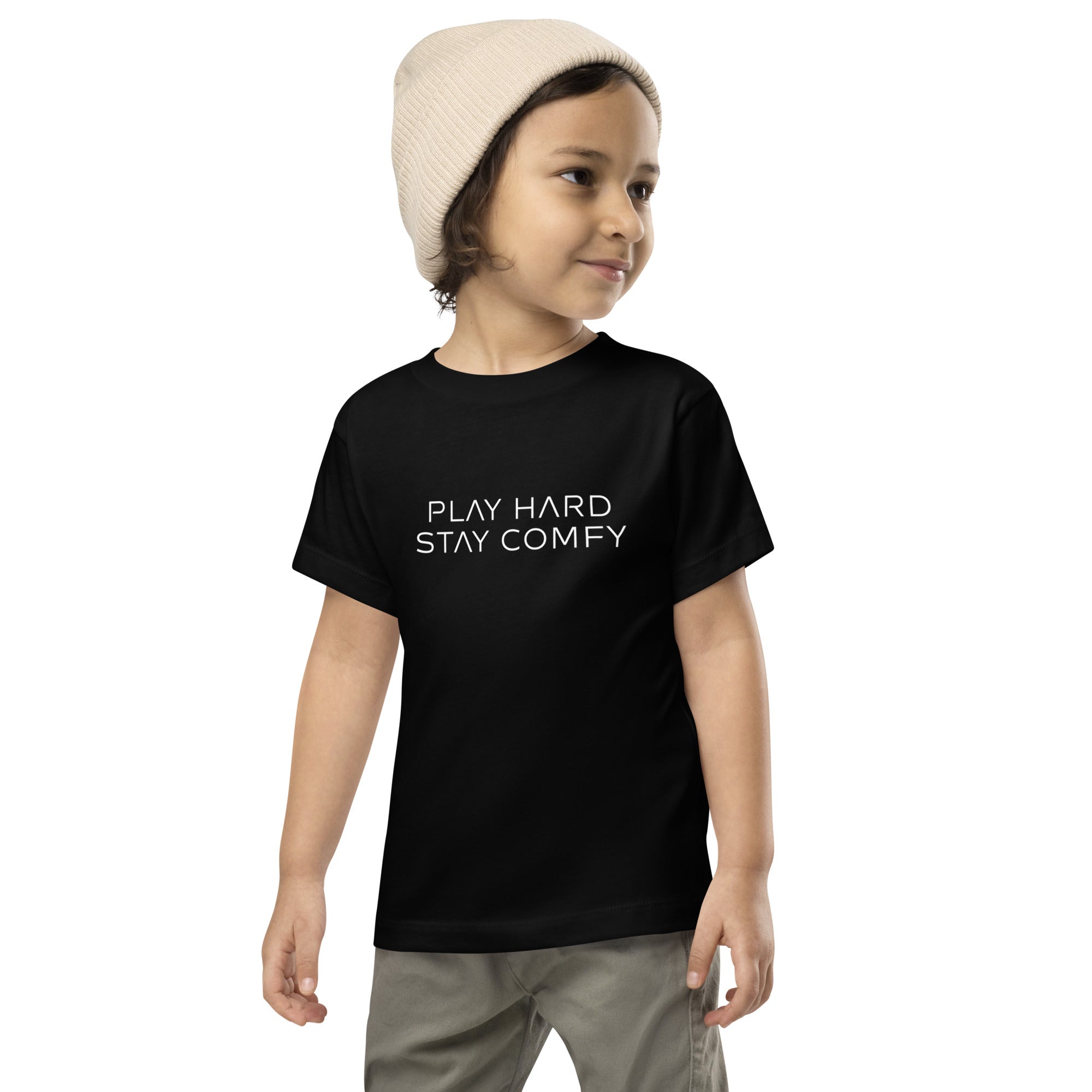 Toddler t-shirt in black with "Play Hard Stay Comfy" text, front view.