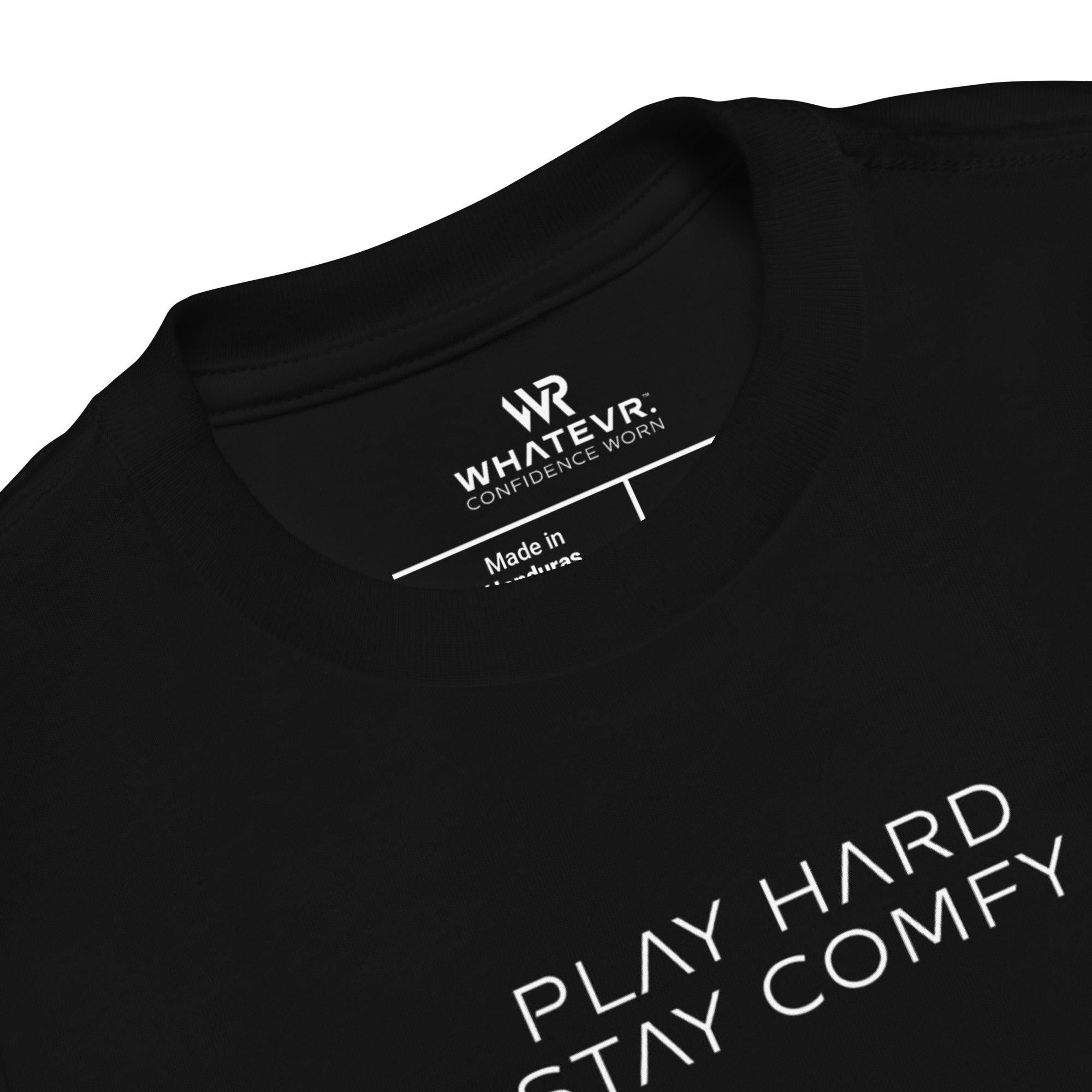Toddler t-shirt in black with "Play Hard Stay Comfy" text, front view.