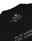 Toddler t-shirt in black with "Play Hard Stay Comfy" text, front view.