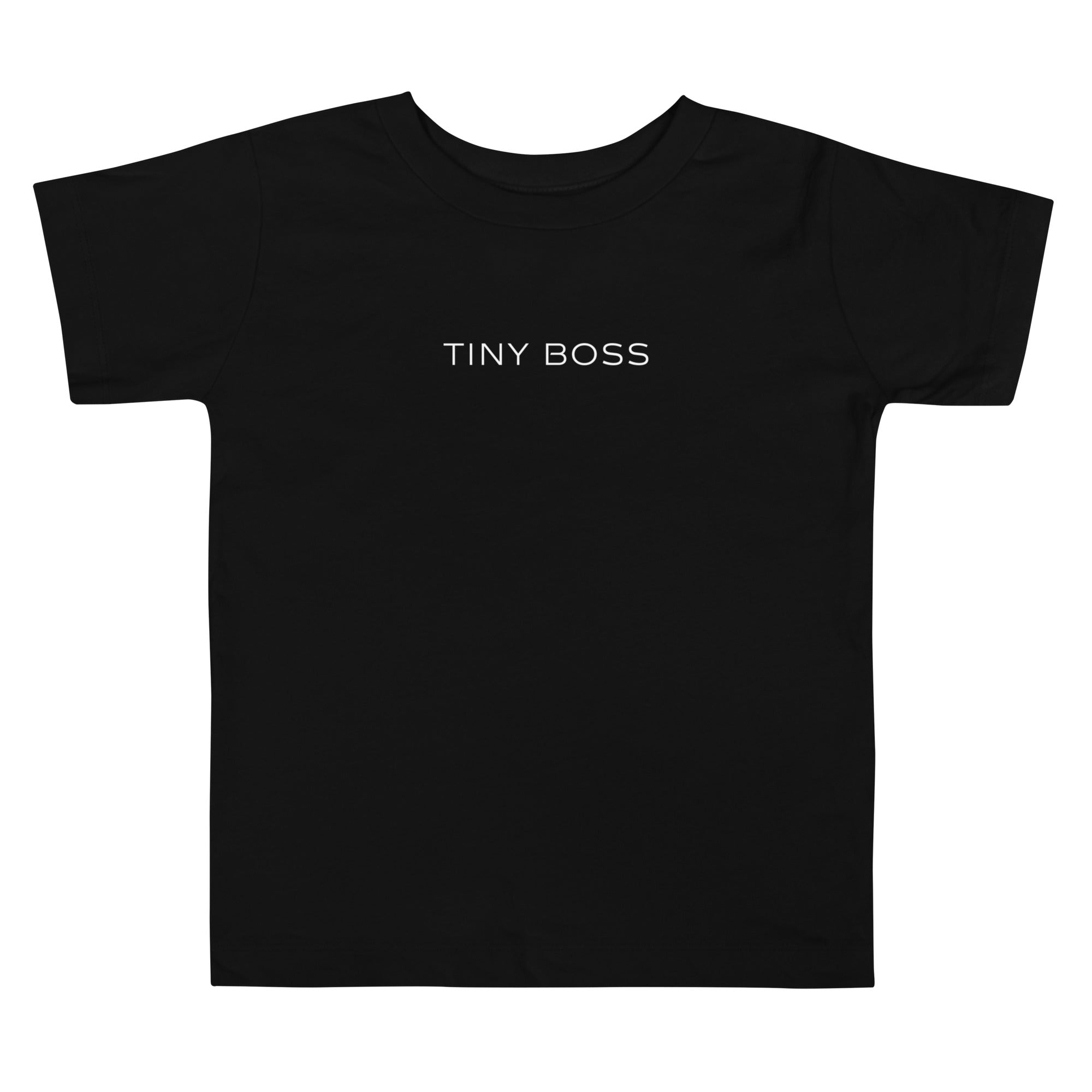 Toddler t-shirt in black with "Tiny Boss" text, front view.