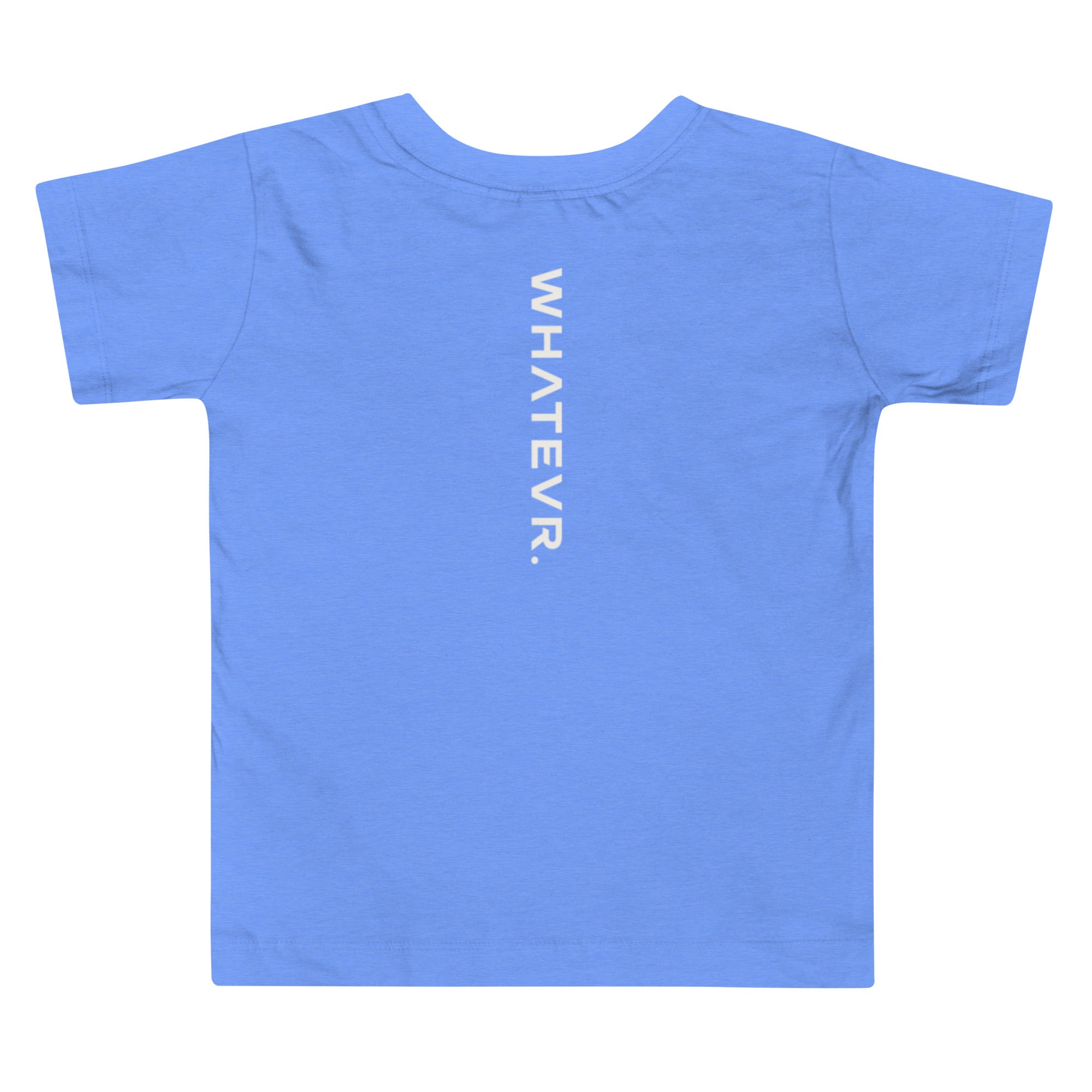 Toddler t-shirt in blue with "WHATEVR" text, back view.