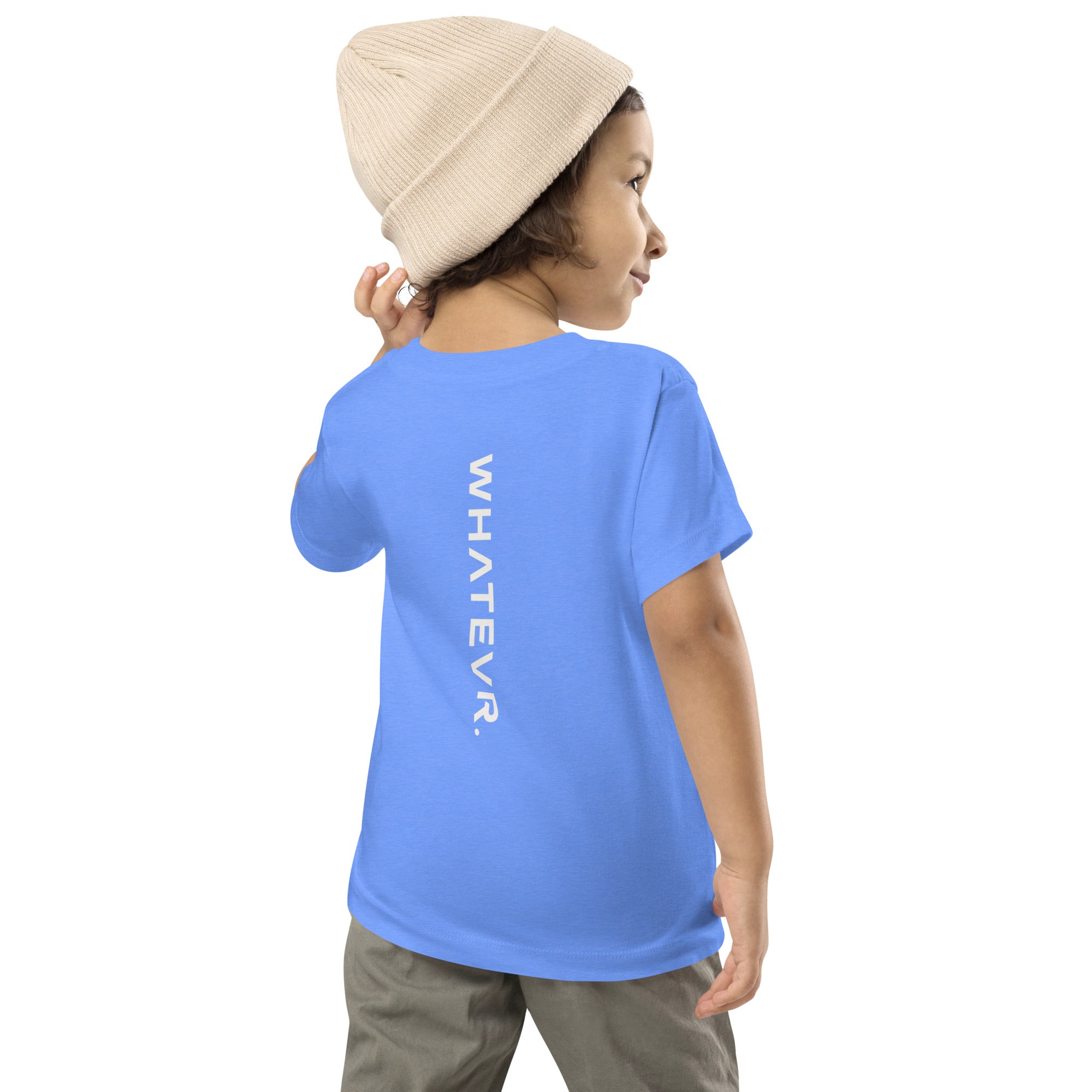 Toddler t-shirt in blue with "WHATEVR" text, back view.
