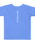 Toddler t-shirt in blue with "WHATEVR" text, back view.