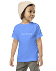 Toddler t-shirt in blue with "Tiny Boss" text, front view.