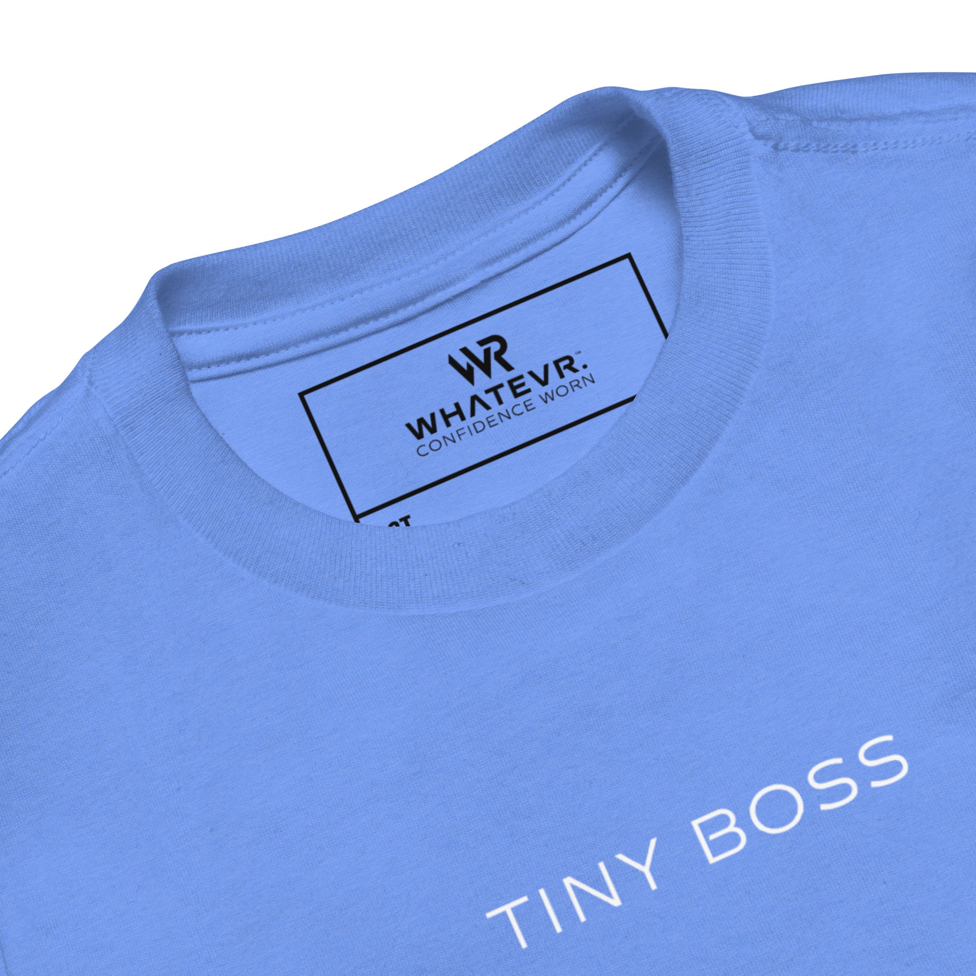 Toddler t-shirt in blue with "Tiny Boss" text, front view.