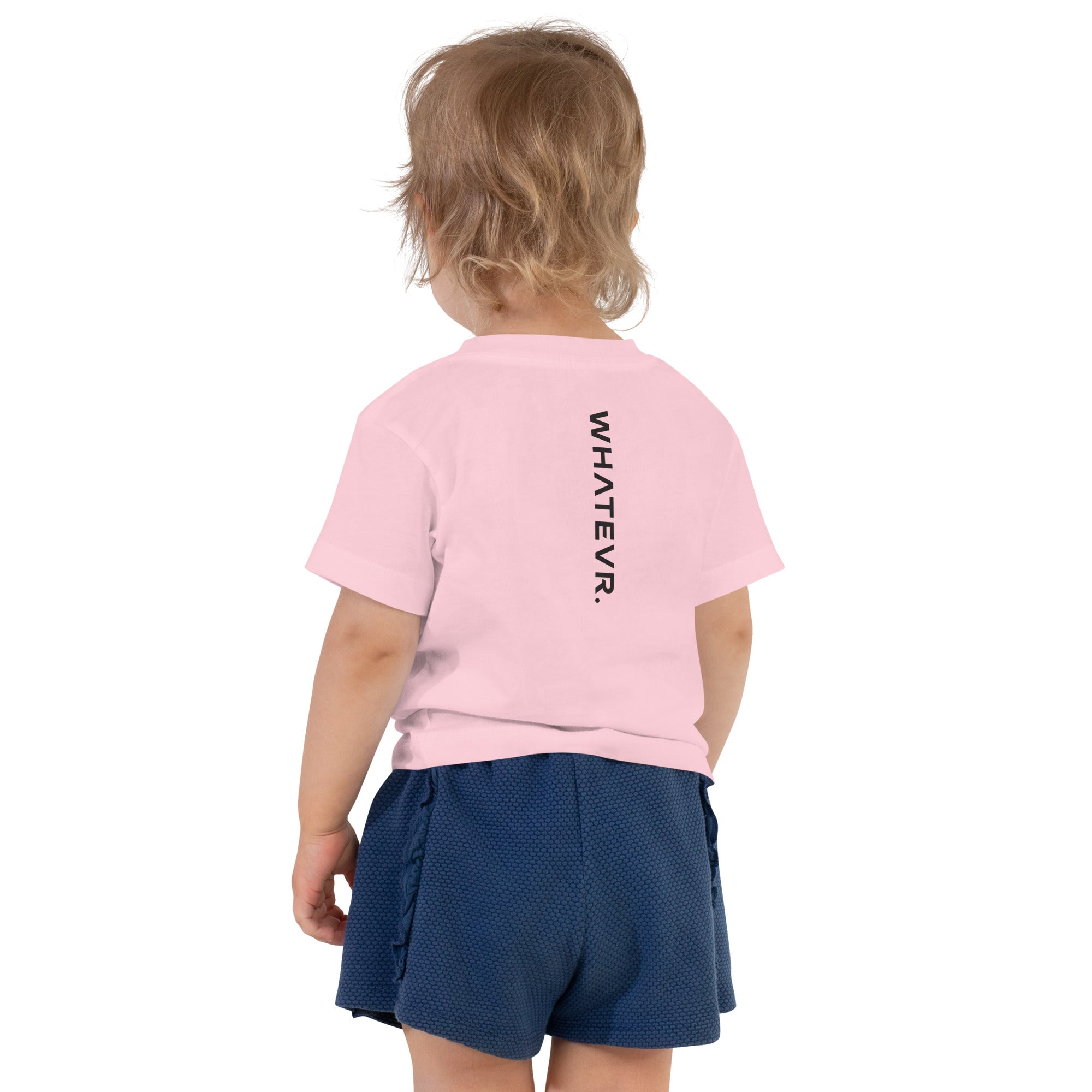 Toddler t-shirt in pink with "WHATEVR" text, back view.