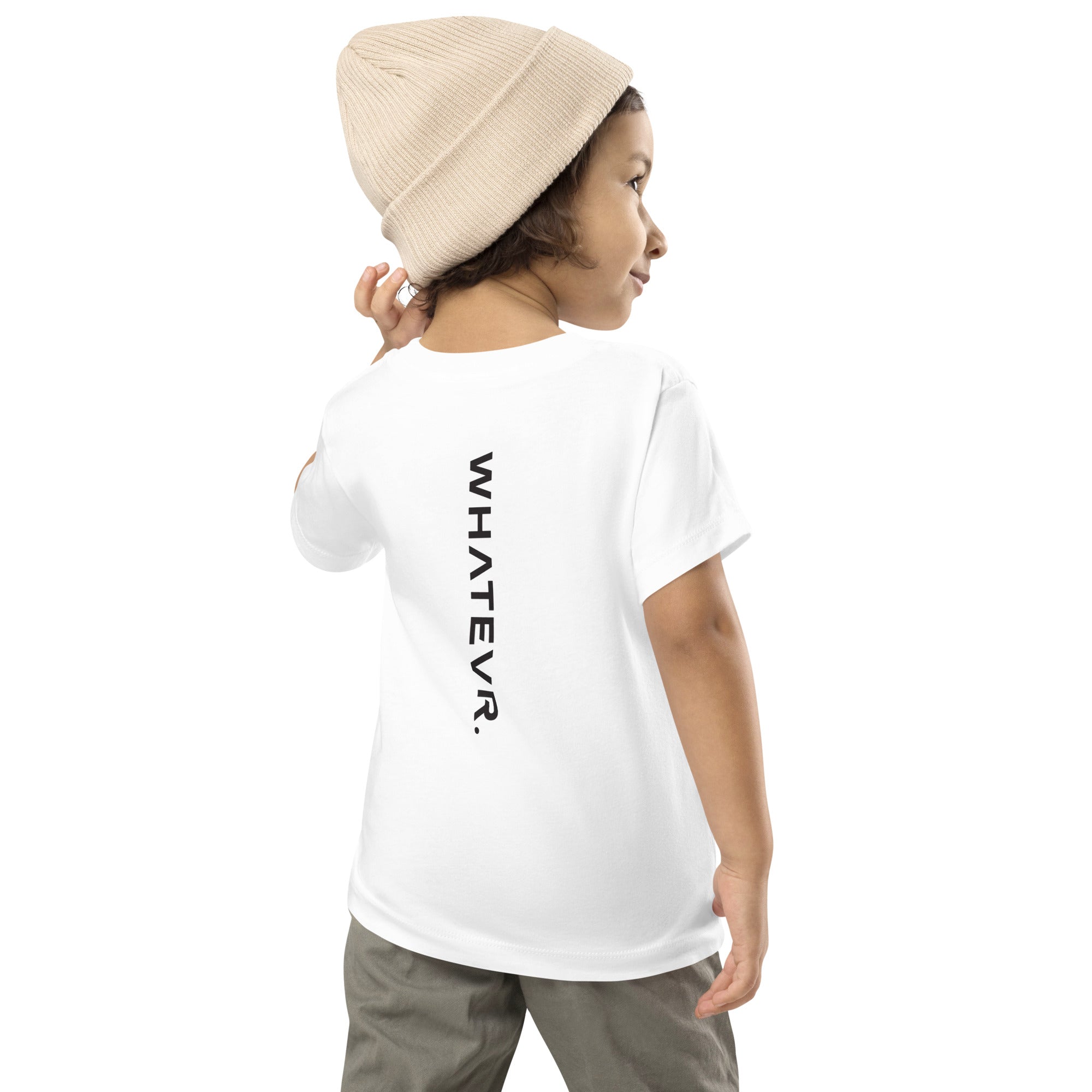Toddler t-shirt in white with "WHATEVR" text, back view.