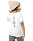 Toddler t-shirt in white with "WHATEVR" text, back view.