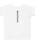 Toddler t-shirt in white with "WHATEVR" text, back view.