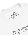 Toddler t-shirt in white with "Play Hard Stay Comfy" text, front view.