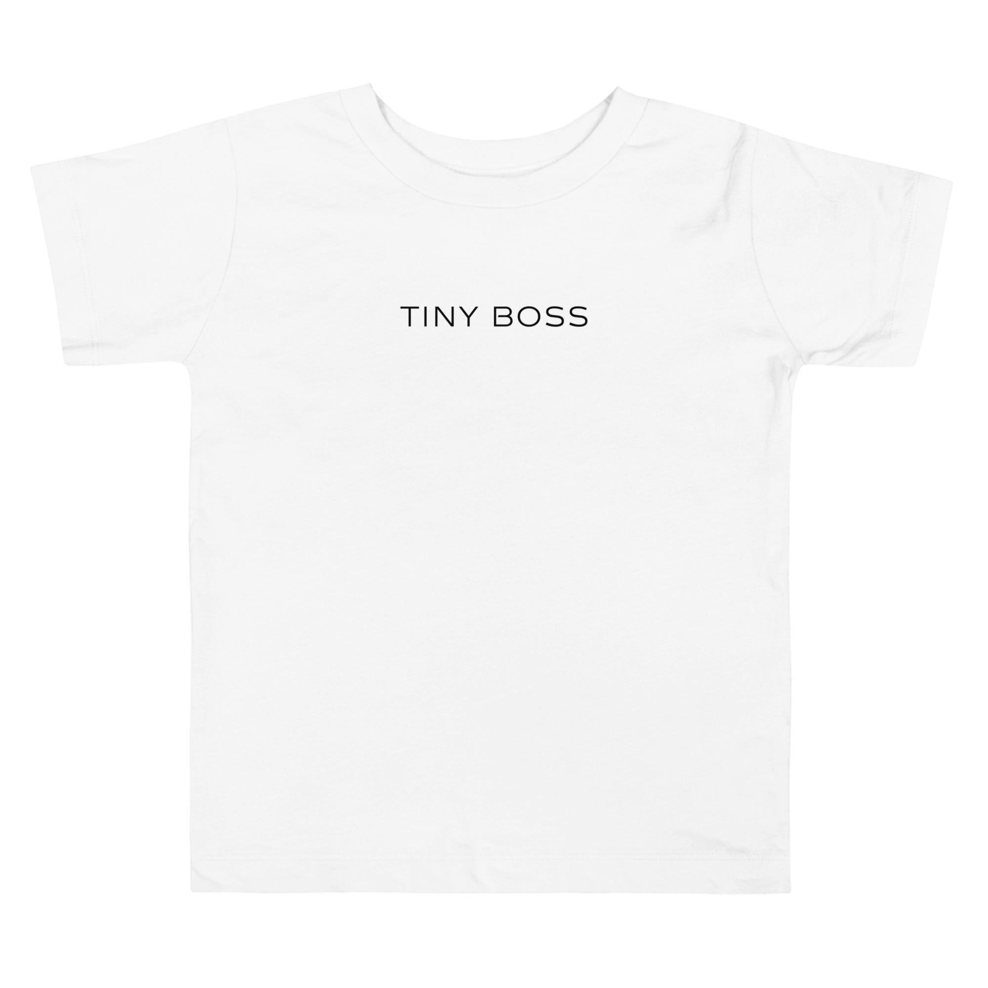 Toddler t-shirt in white with "Tiny Boss" text, front view.