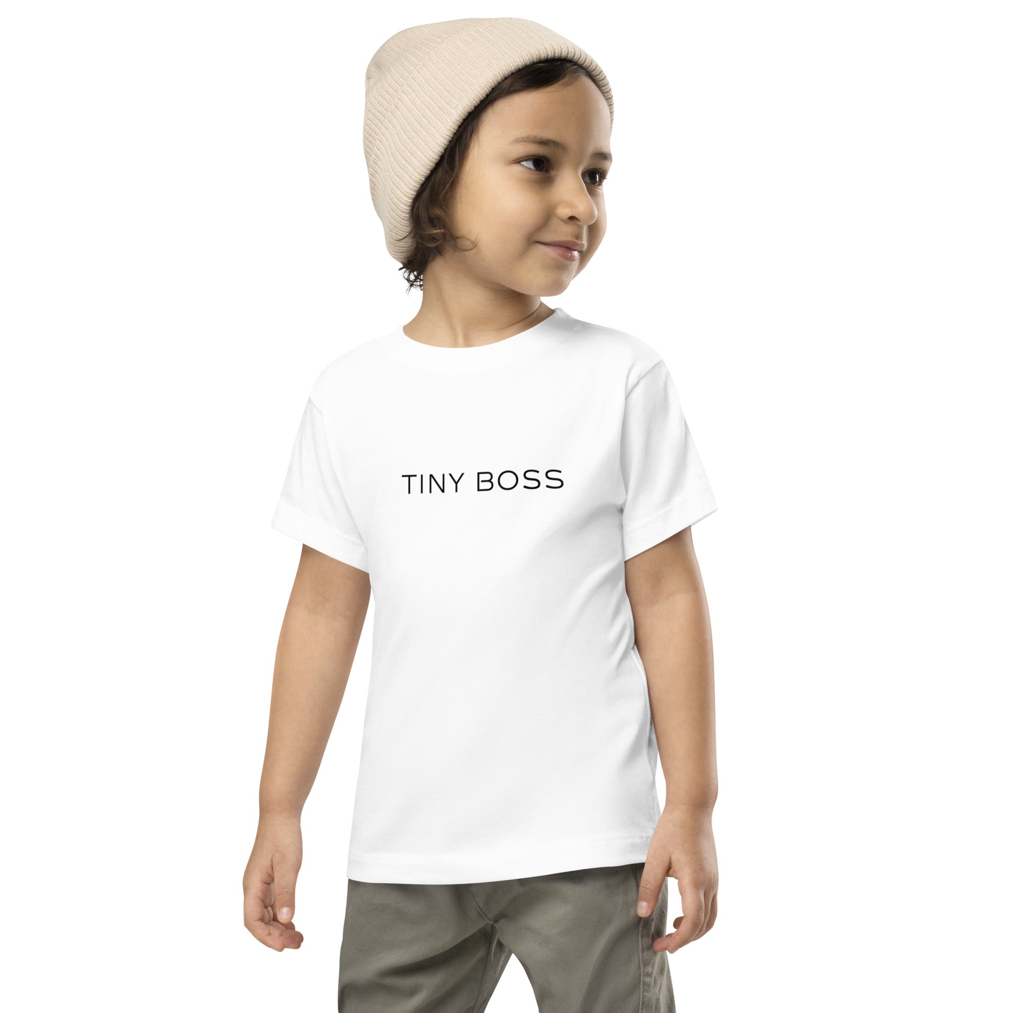 Toddler t-shirt in white with "Tiny Boss" text, front view.