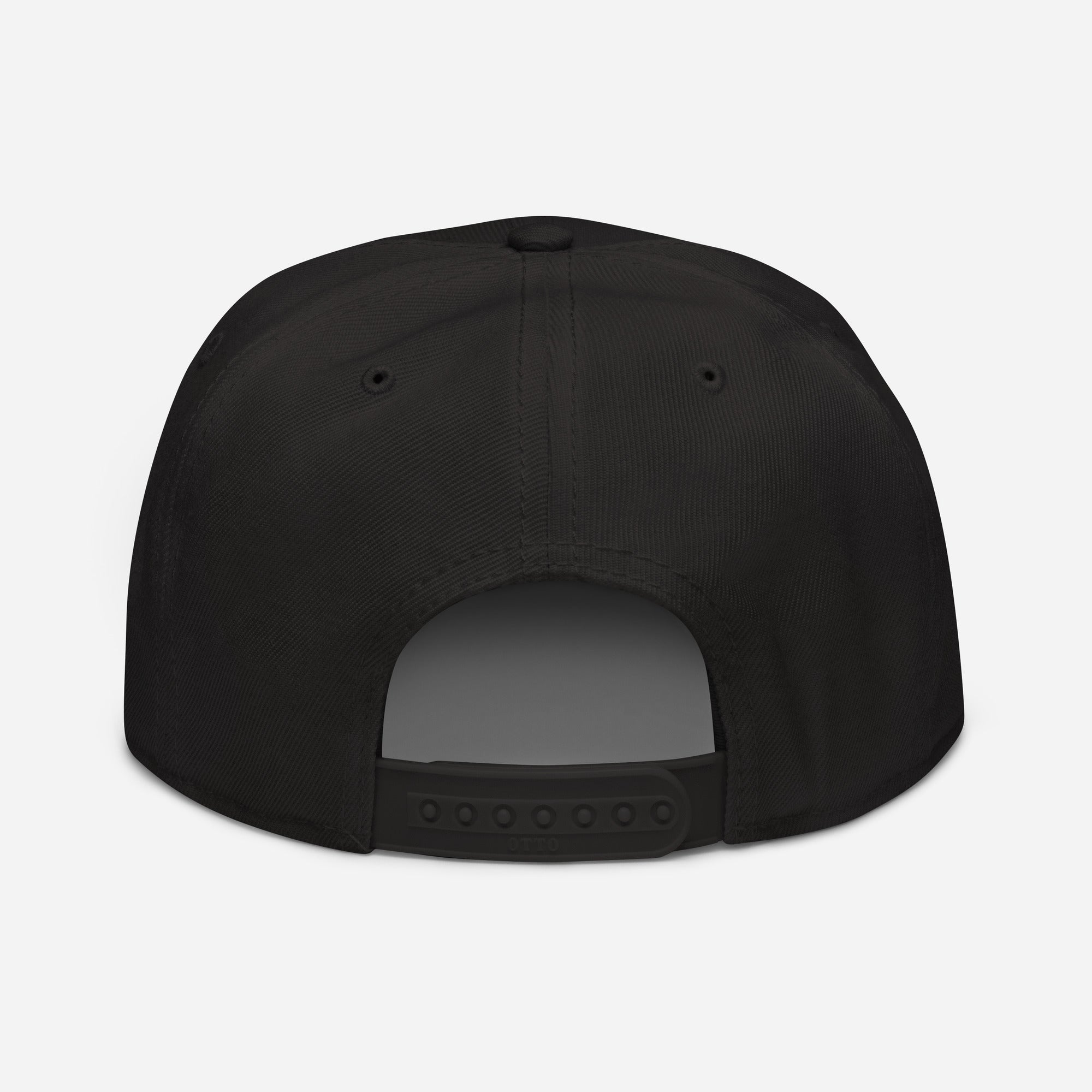 Unisex Tonal snapback hat in black with embroidered WHATEVR text, back view