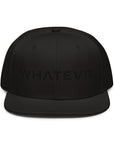 Unisex Tonal snapback hat in black with embroidered WHATEVR text, front view