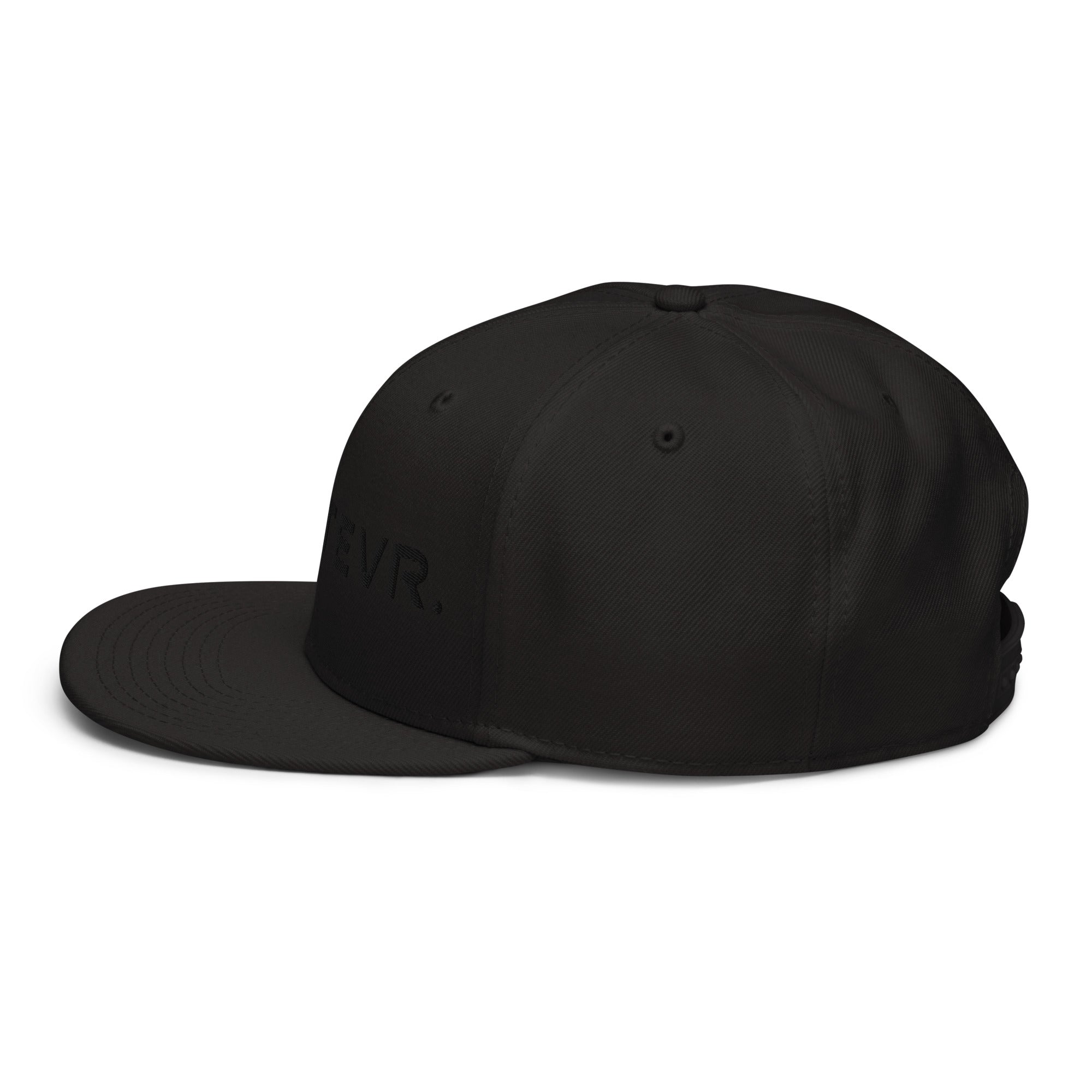 Unisex Tonal snapback hat in black with embroidered WHATEVR text, side view