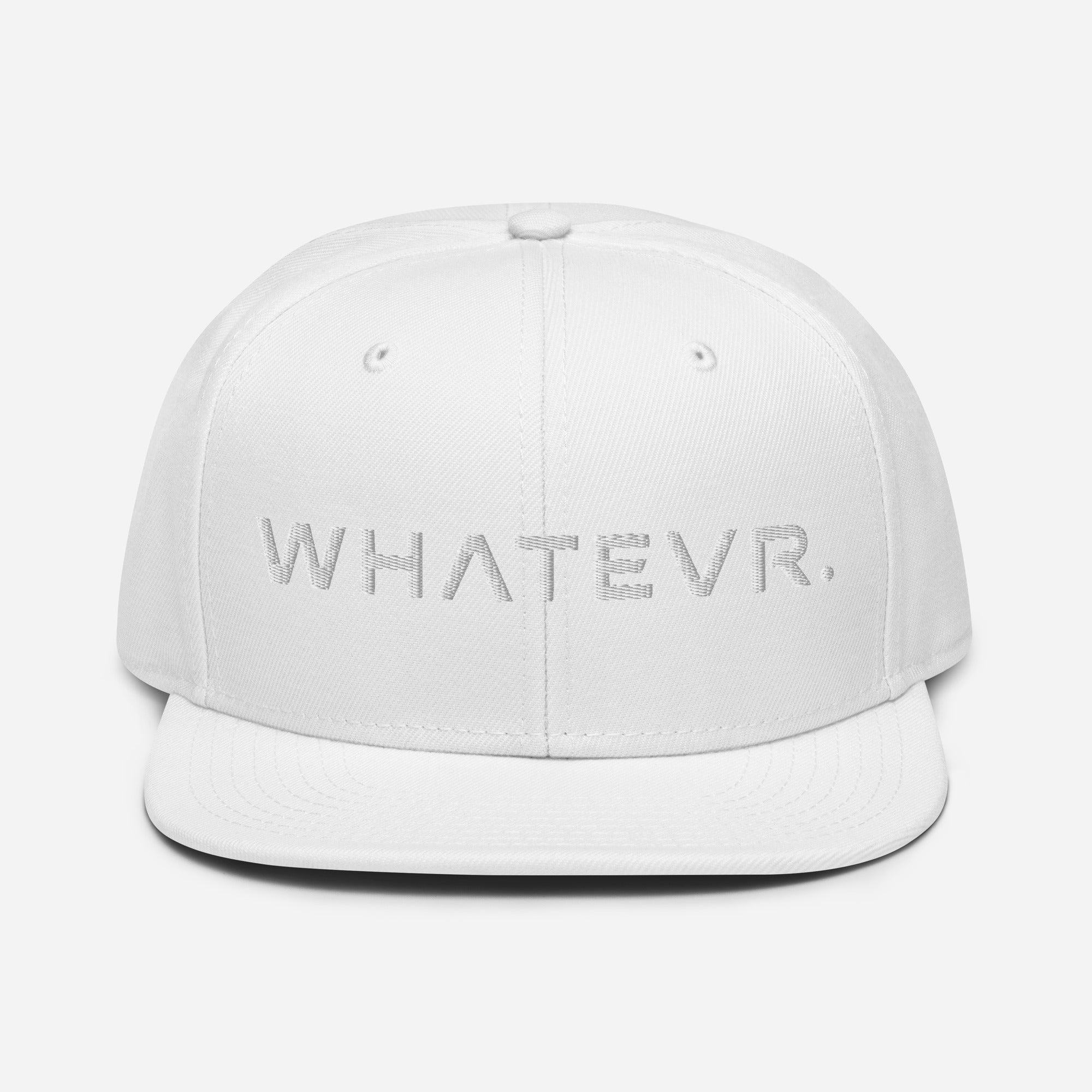 Unisex Tonal snapback hat in white with embroidered WHATEVR text, front view