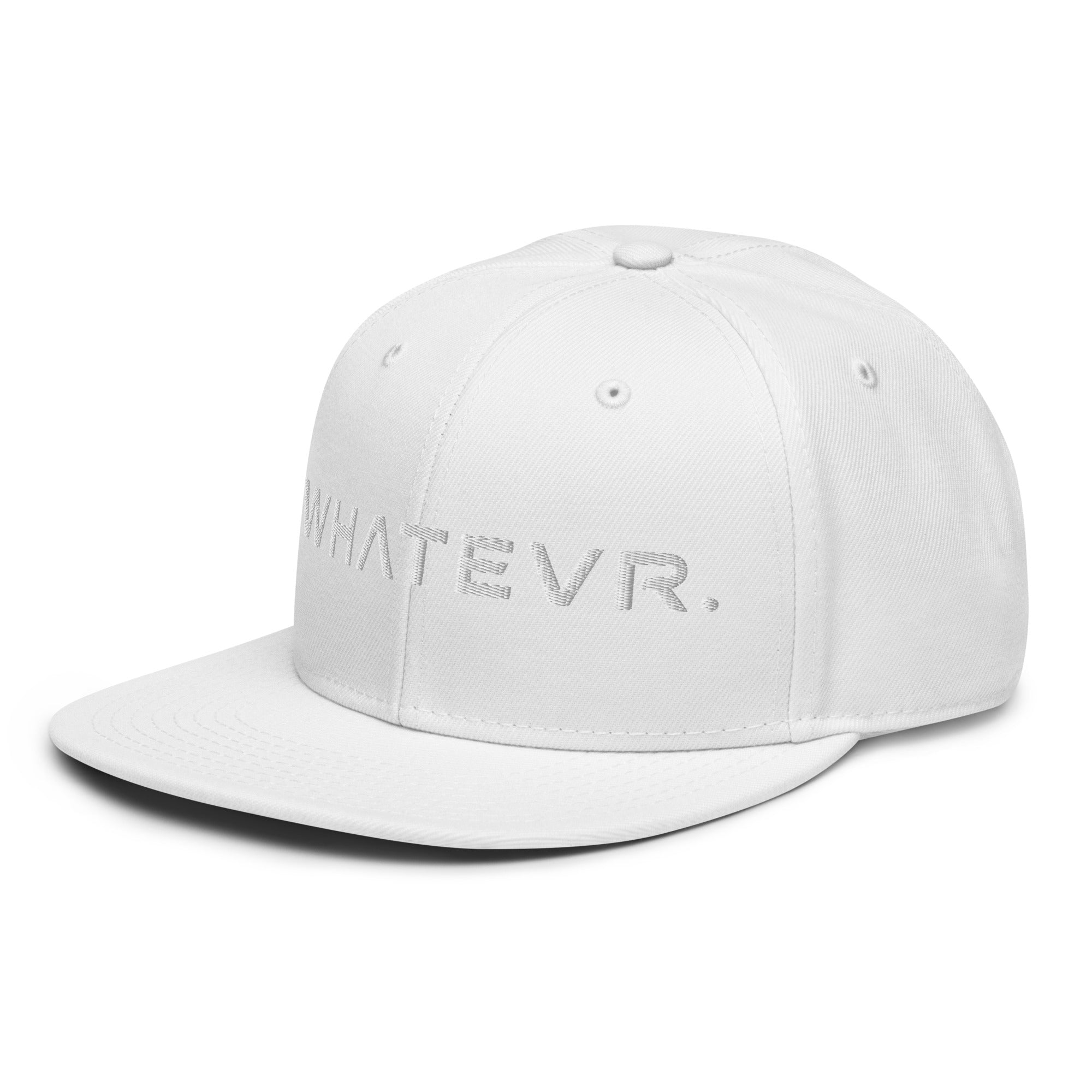 Unisex Tonal snapback hat in white with embroidered WHATEVR text, side view