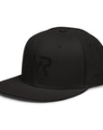 Unisex Tonal snapback hat in black with embroidered WR logo, side view