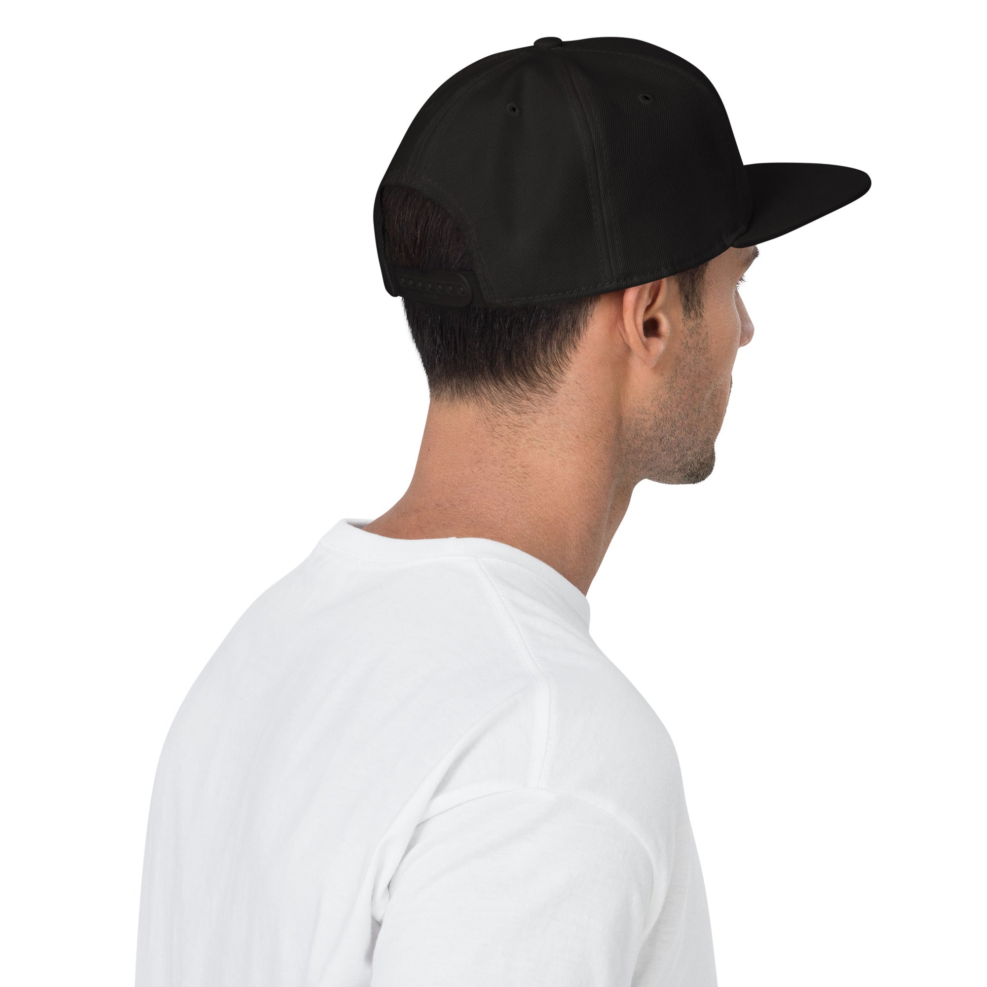 Unisex Tonal snapback hat in black with embroidered WR logo, side view