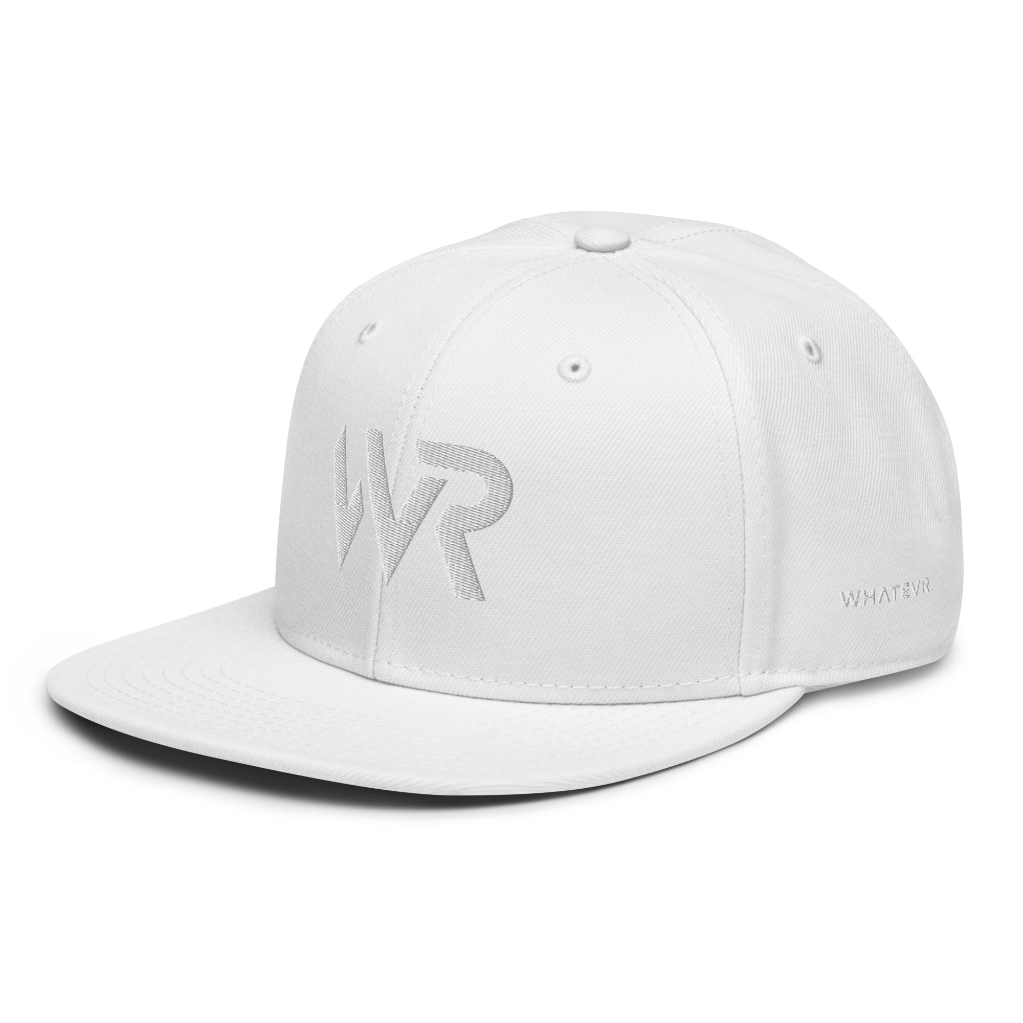 Unisex Tonal snapback hat in white with embroidered WR logo, side view