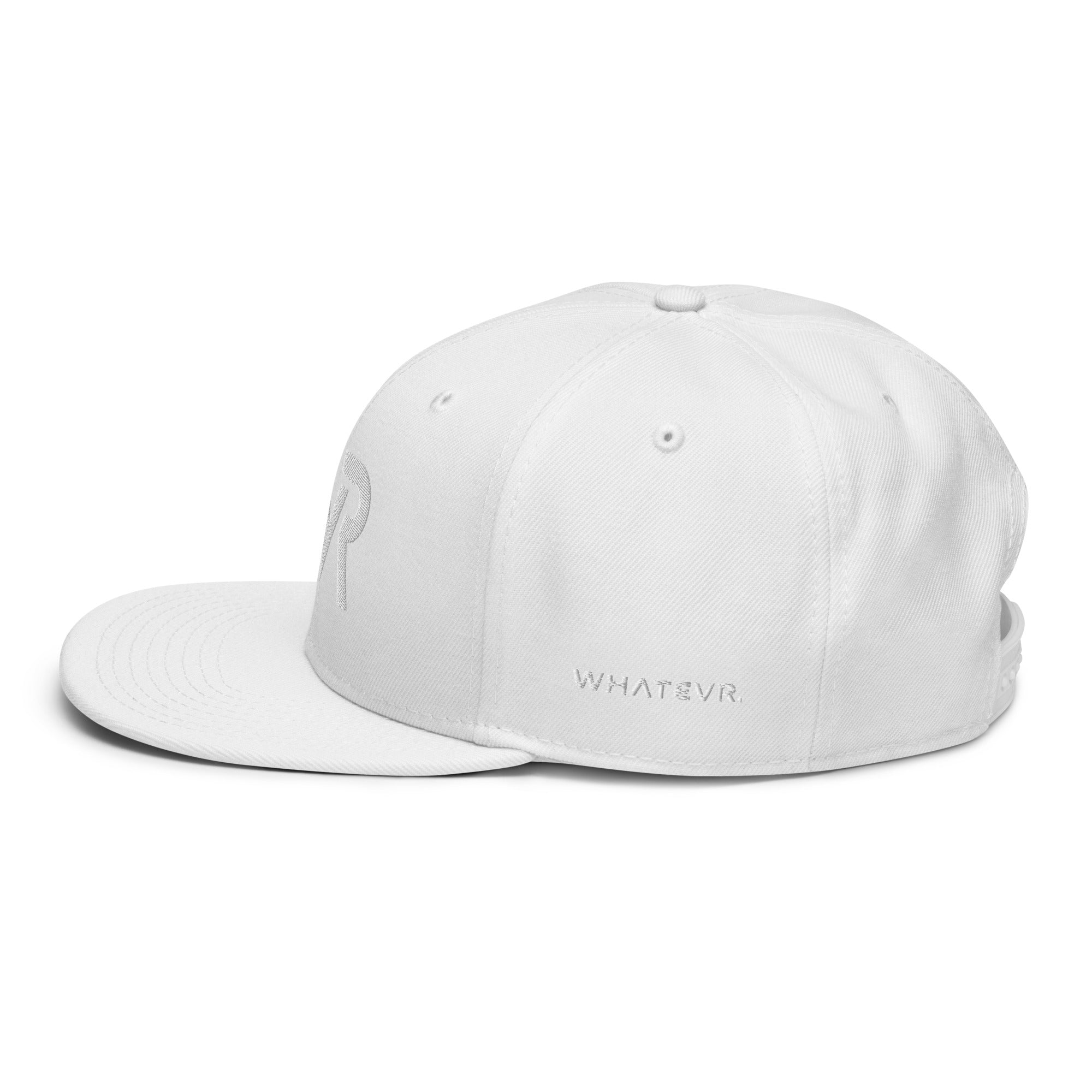 Unisex Tonal snapback hat in white with embroidered WR logo, side view