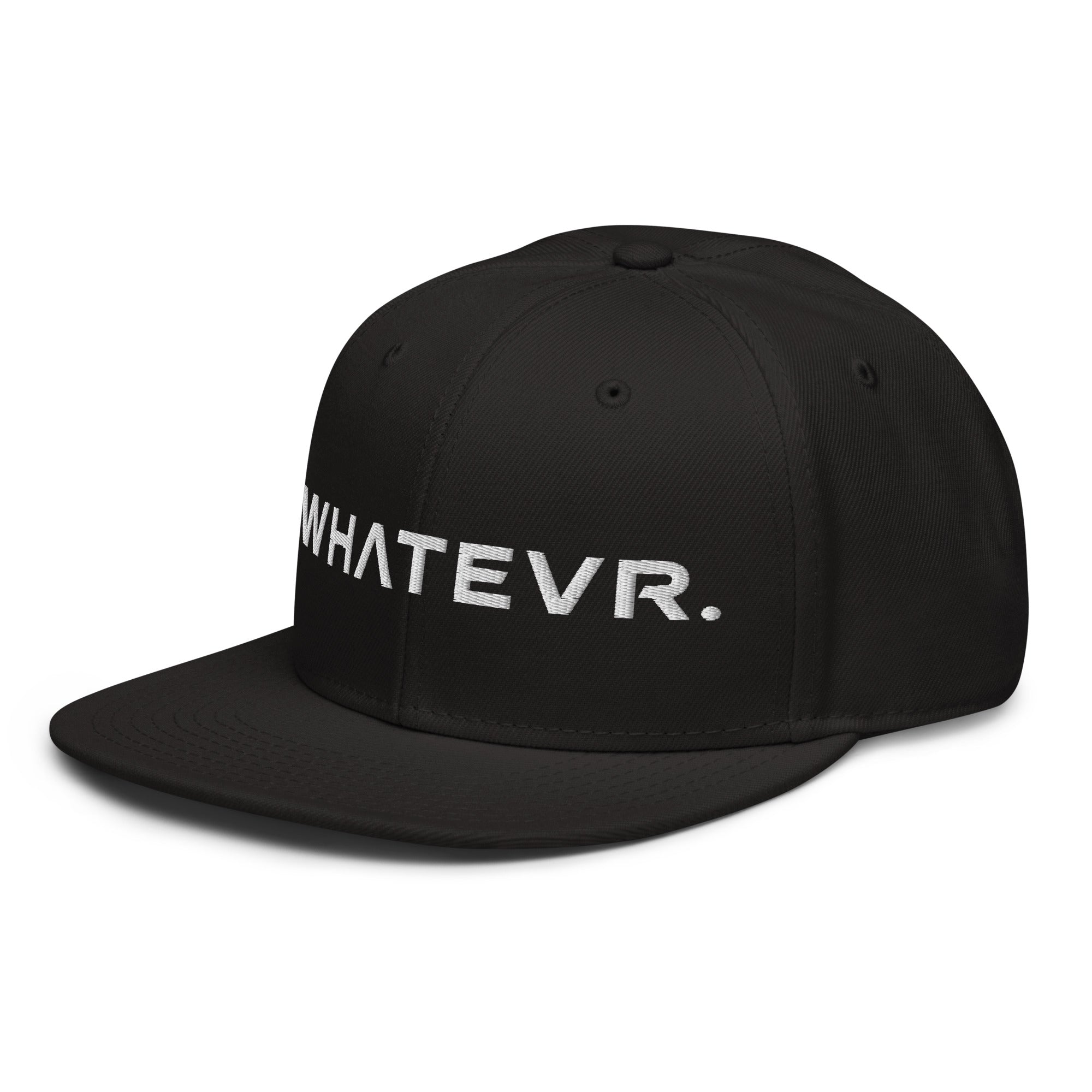 Unisex Unbothered snapback hat in black with embroidered WHATEVR text, front view