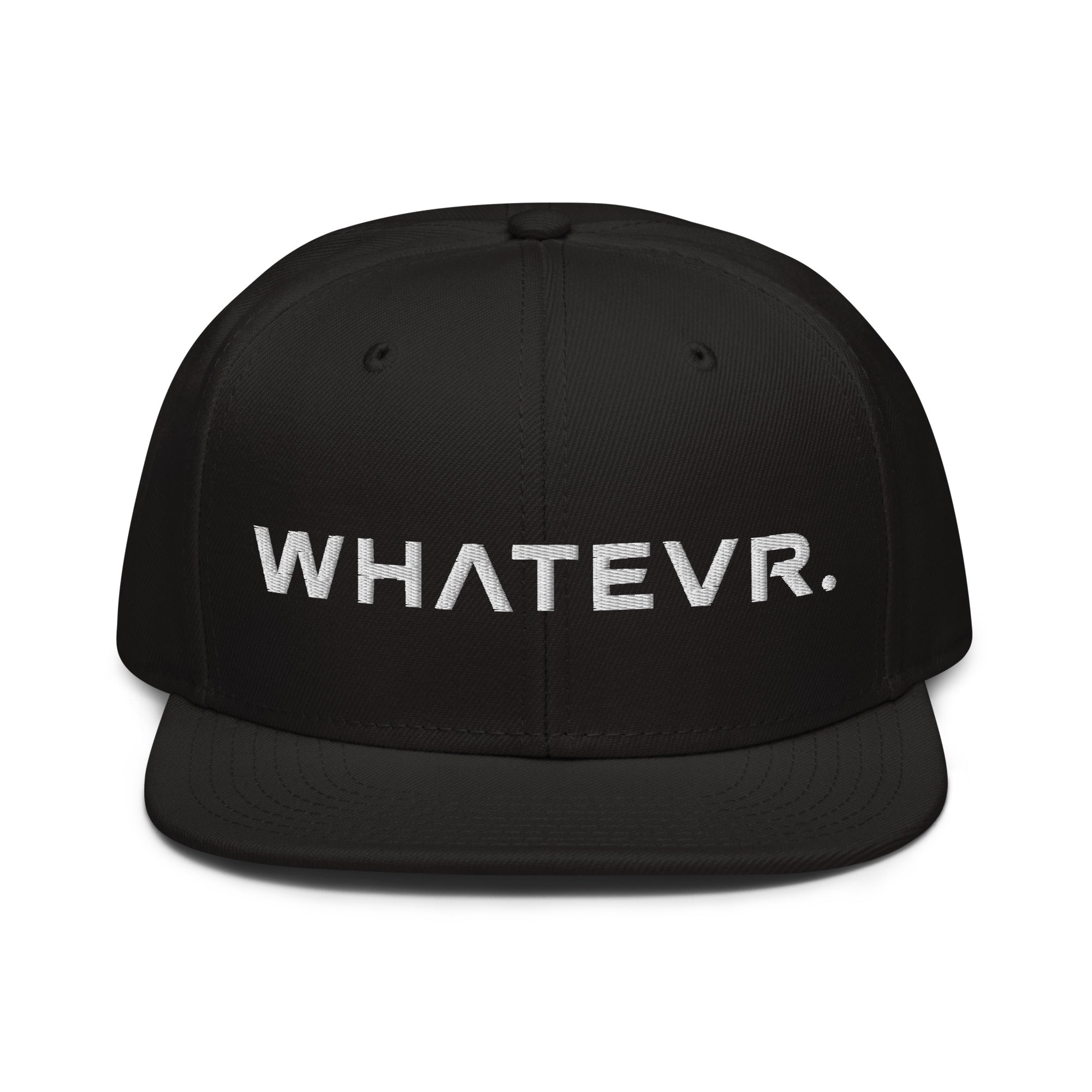 Unisex Unbothered snapback hat in black with embroidered WHATEVR text, front view