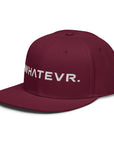 Unisex Unbothered snapback hat in red with embroidered WHATEVR text, front view
