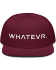 Unisex Unbothered snapback hat in red with embroidered WHATEVR text, front view