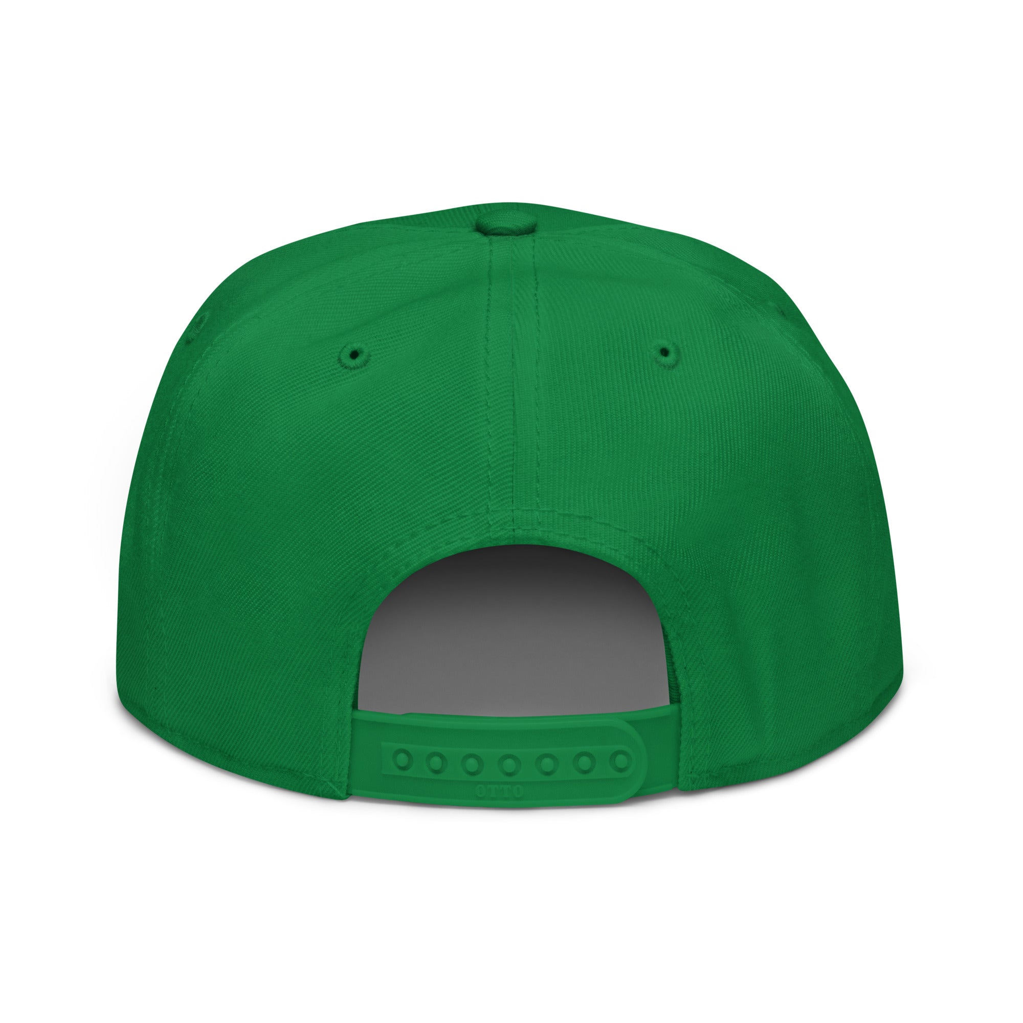 Unisex Unbothered snapback hat in green with embroidered WHATEVR text, back view